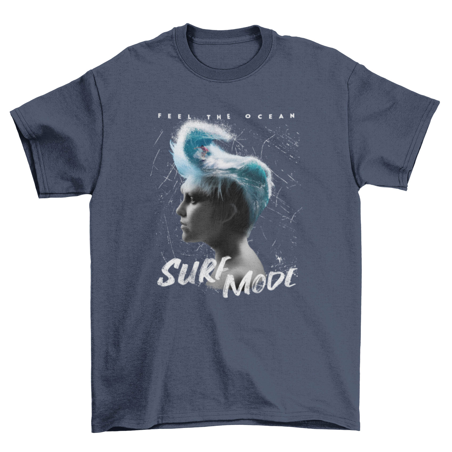 Surf Head Collage T-Shirt featuring a woman with a wave in her head, showcasing a unique and artistic design.