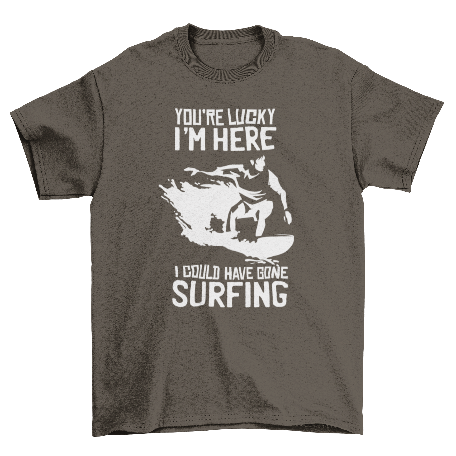 Surf Quote T-shirt featuring a surfer silhouette and humorous caption in white.