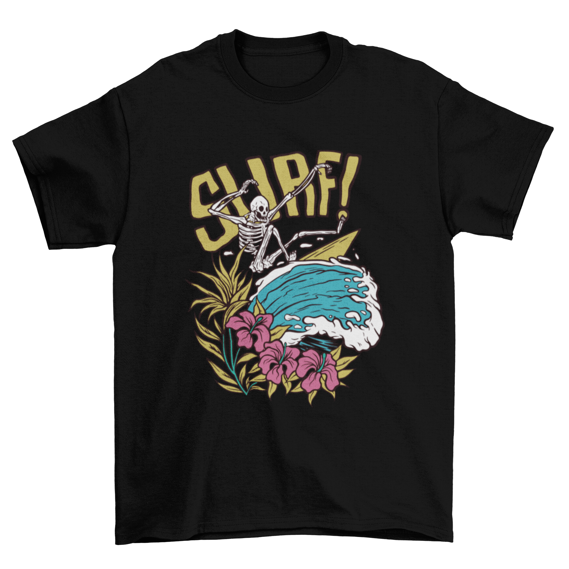 Surf Skeleton T-shirt featuring a skeleton surfing a wave with the word SURF.