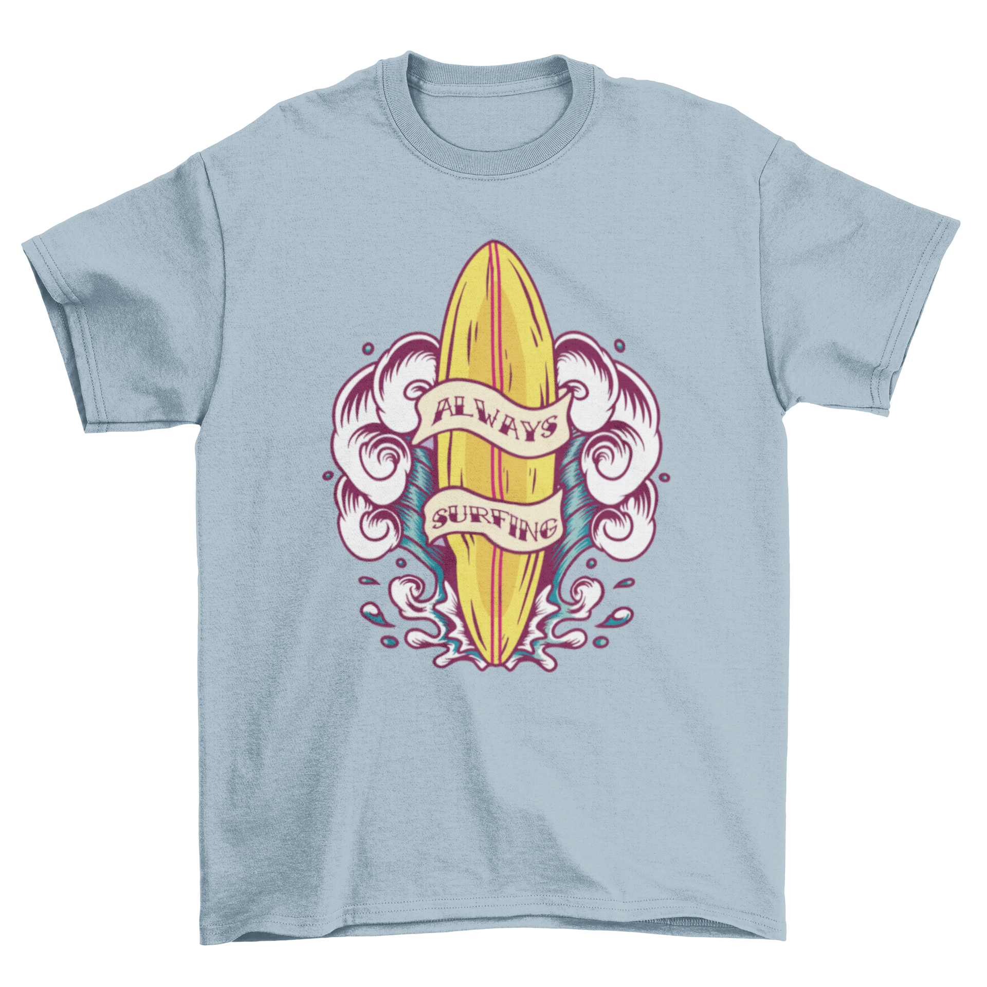 A stylish t-shirt featuring a surfboard and ocean waves design with the quote 'Always surfing', perfect for beach lovers.