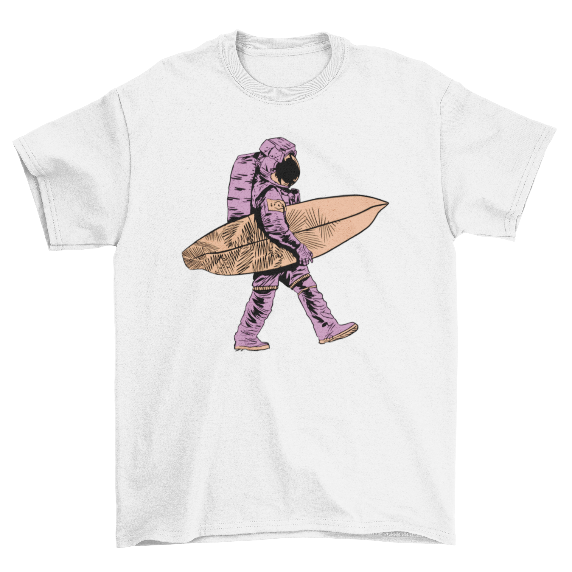 A stylish t-shirt featuring a colorful design of an astronaut walking with a surfboard, perfect for surf and space enthusiasts.