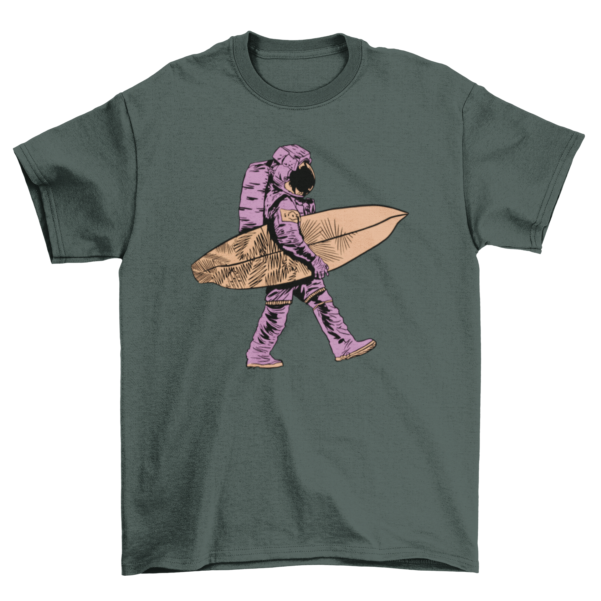 A stylish t-shirt featuring a colorful design of an astronaut walking with a surfboard, perfect for surf and space enthusiasts.