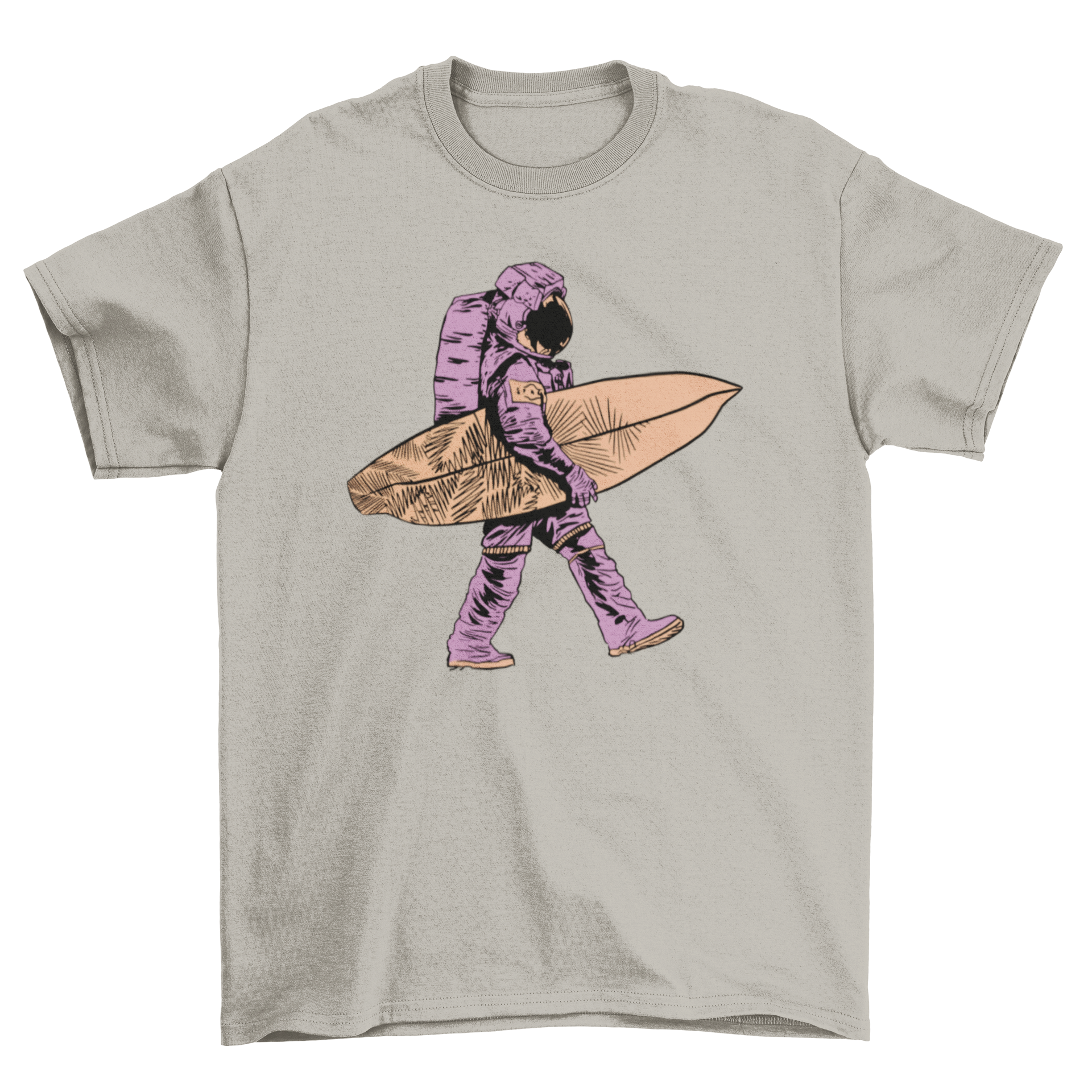 A stylish t-shirt featuring a colorful design of an astronaut walking with a surfboard, perfect for surf and space enthusiasts.