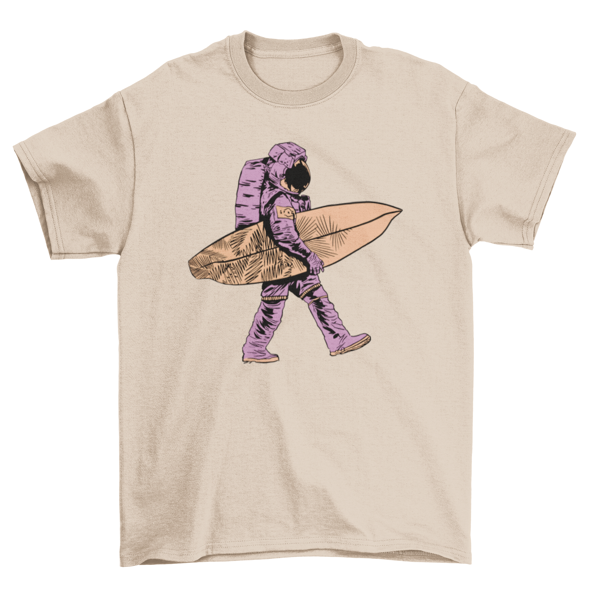 A stylish t-shirt featuring a colorful design of an astronaut walking with a surfboard, perfect for surf and space enthusiasts.