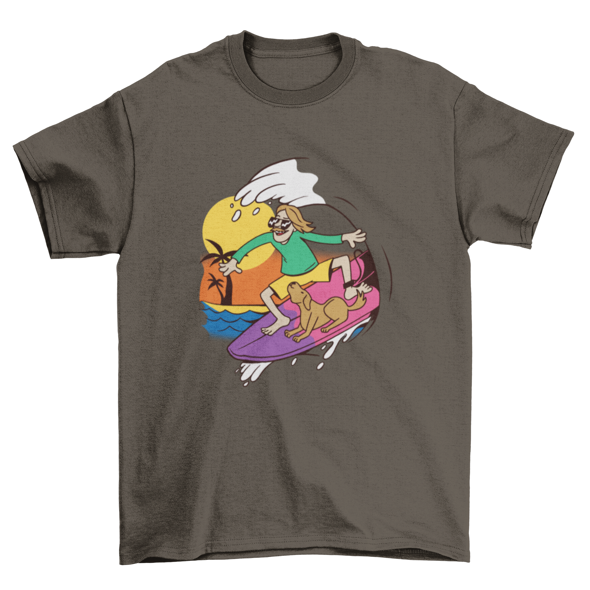 A vibrant t-shirt design featuring a surfer guy riding waves with his dog, showcasing a fun and adventurous beach lifestyle.