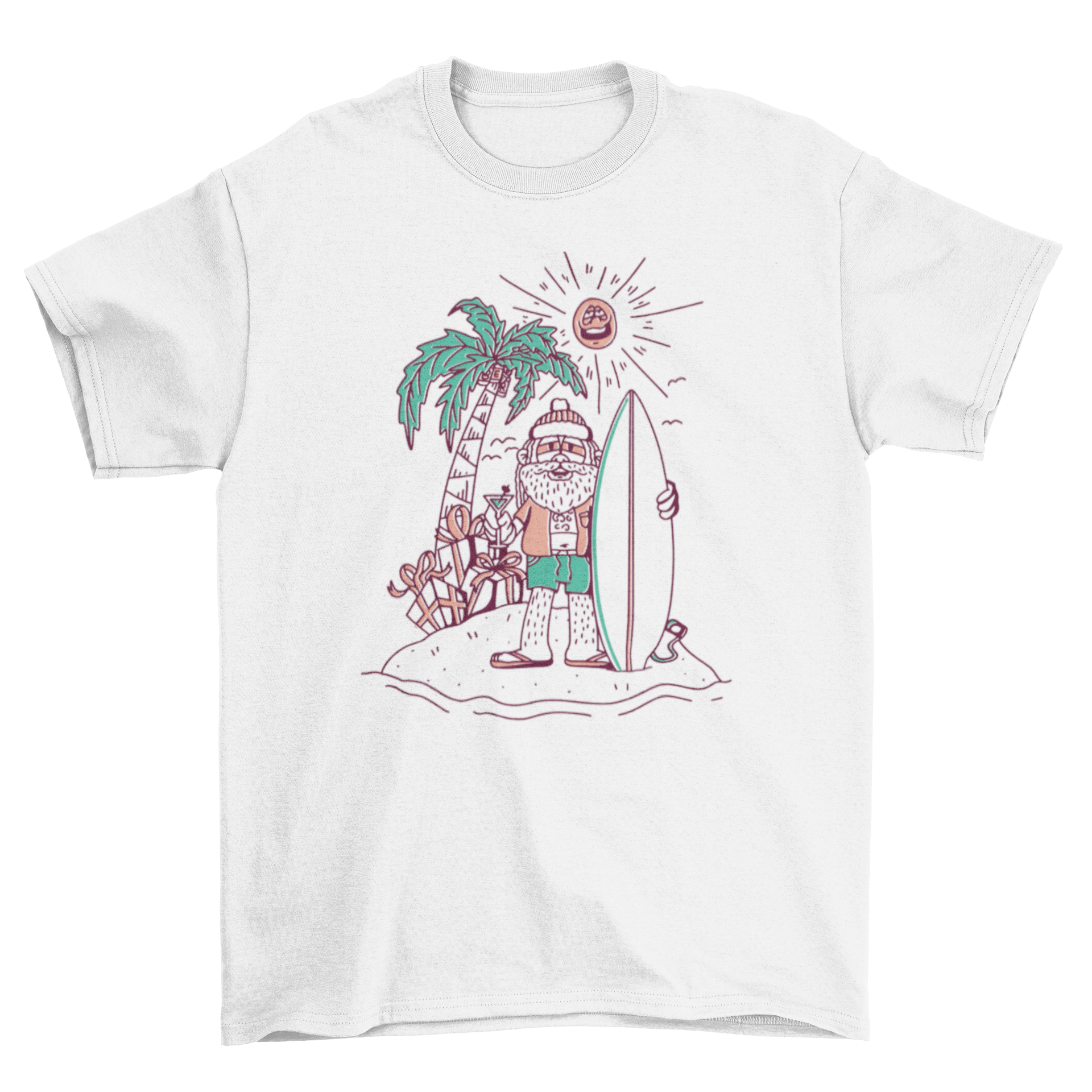 Surfer Santa Claus line art t-shirt featuring Santa on a beach with presents and a surfboard.