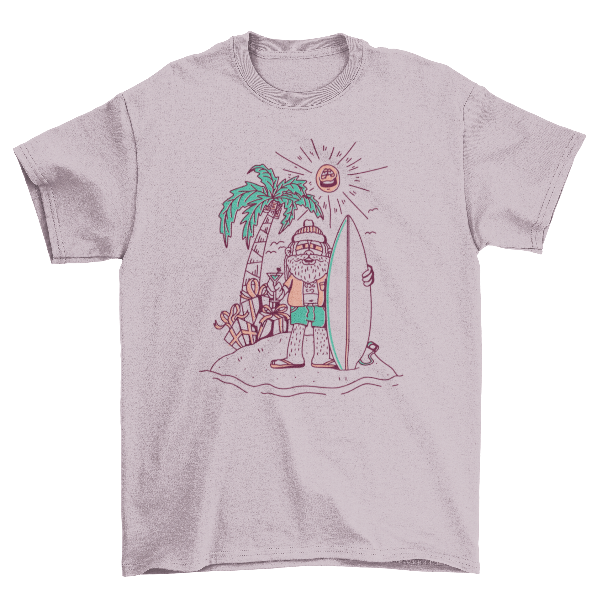 Surfer Santa Claus line art t-shirt featuring Santa on a beach with presents and a surfboard.