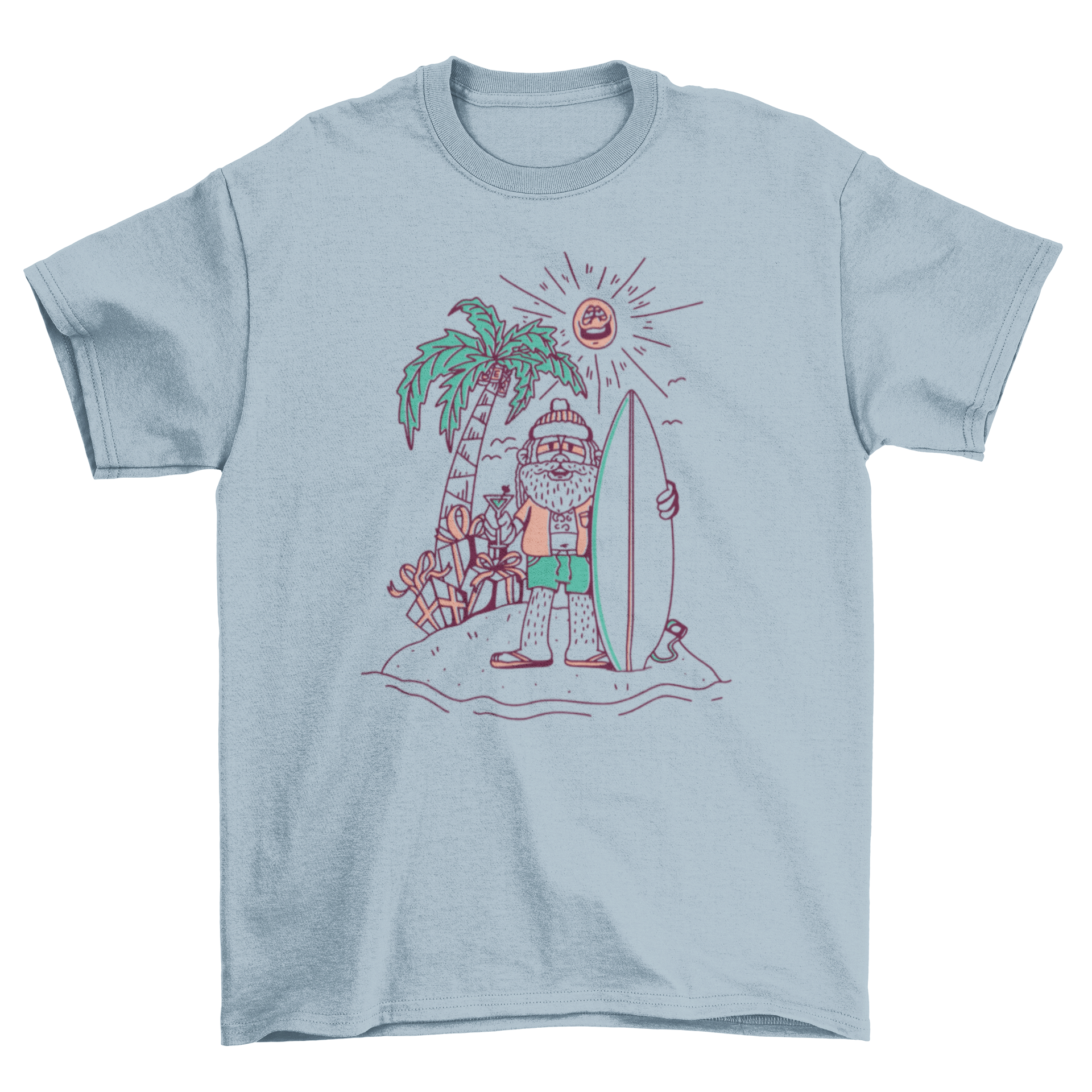 Surfer Santa Claus line art t-shirt featuring Santa on a beach with presents and a surfboard.