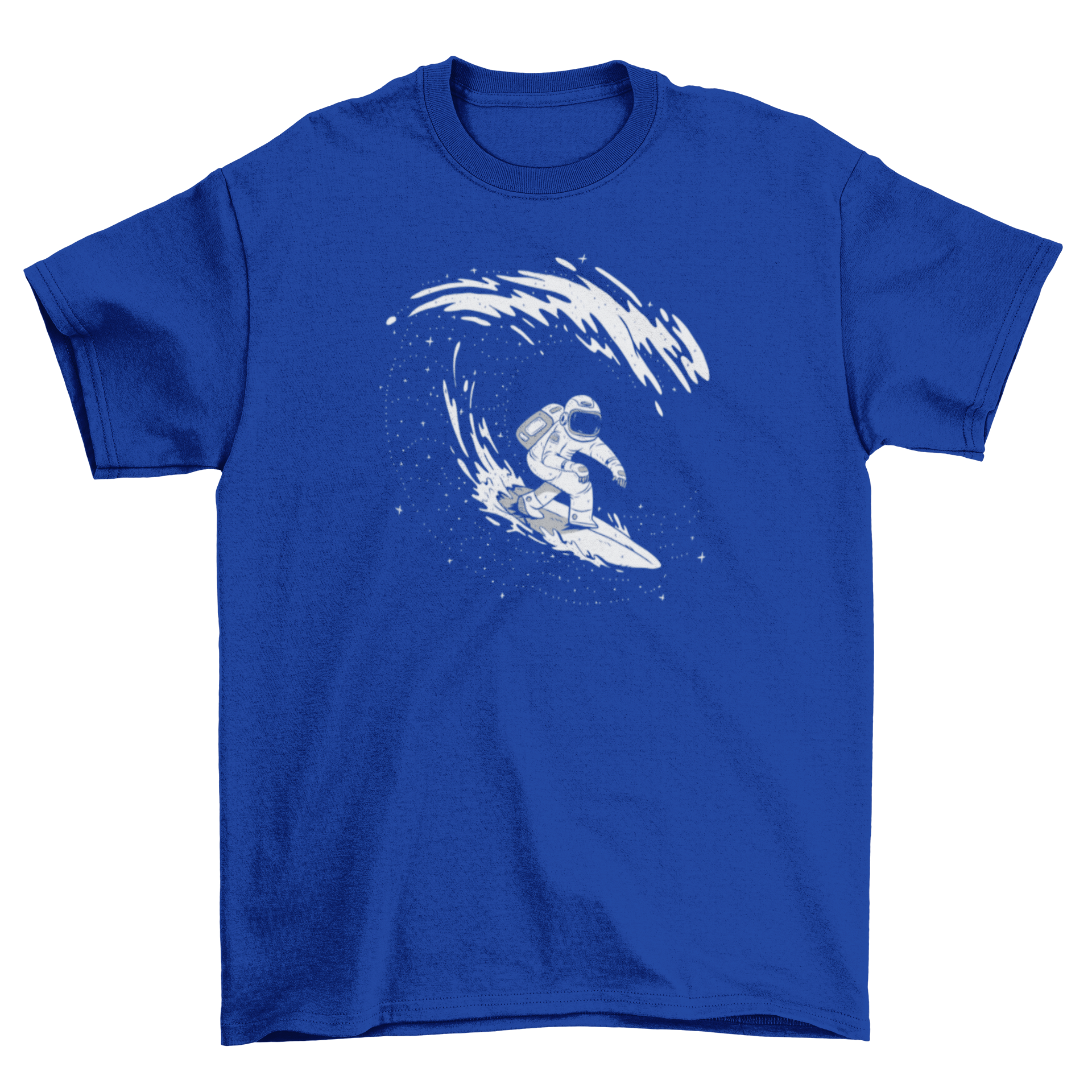 A stylish Surfing Astronaut T-shirt featuring an astronaut surfing in black and white tones, perfect for ocean and space lovers.