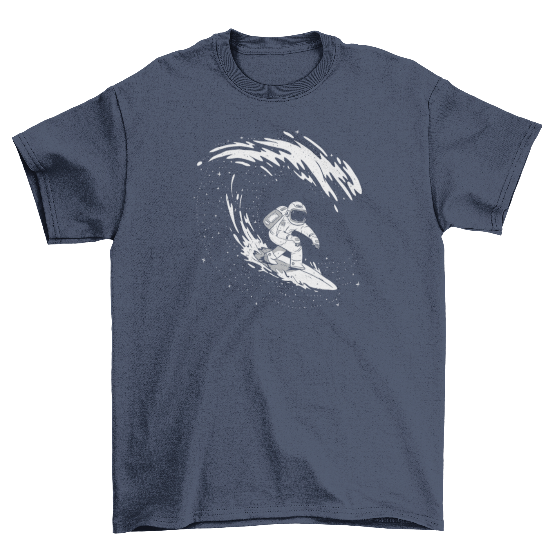 A stylish Surfing Astronaut T-shirt featuring an astronaut surfing in black and white tones, perfect for ocean and space lovers.