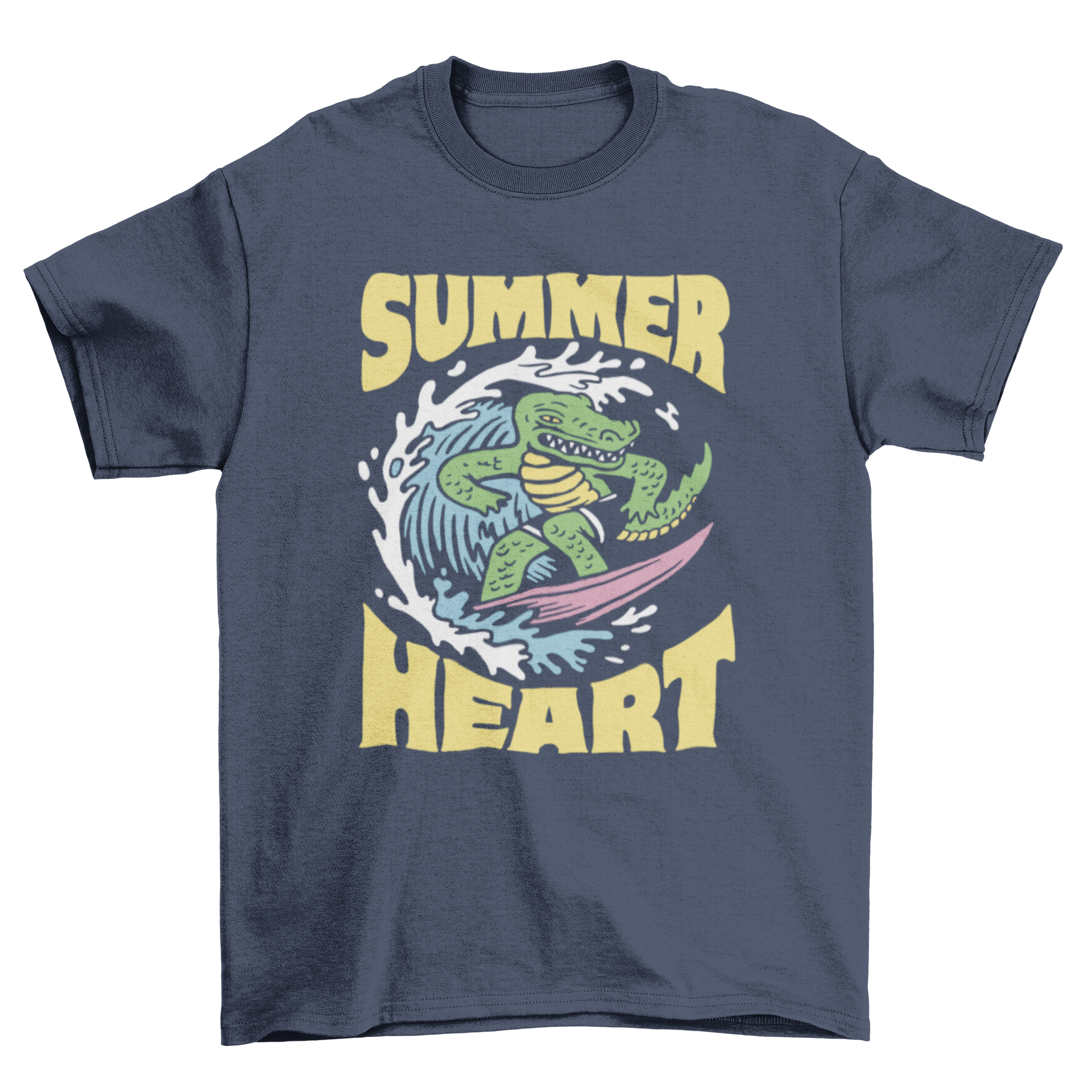 A colorful t-shirt featuring a surfing crocodile graphic and the quote 'Summer heart', perfect for summer wear.