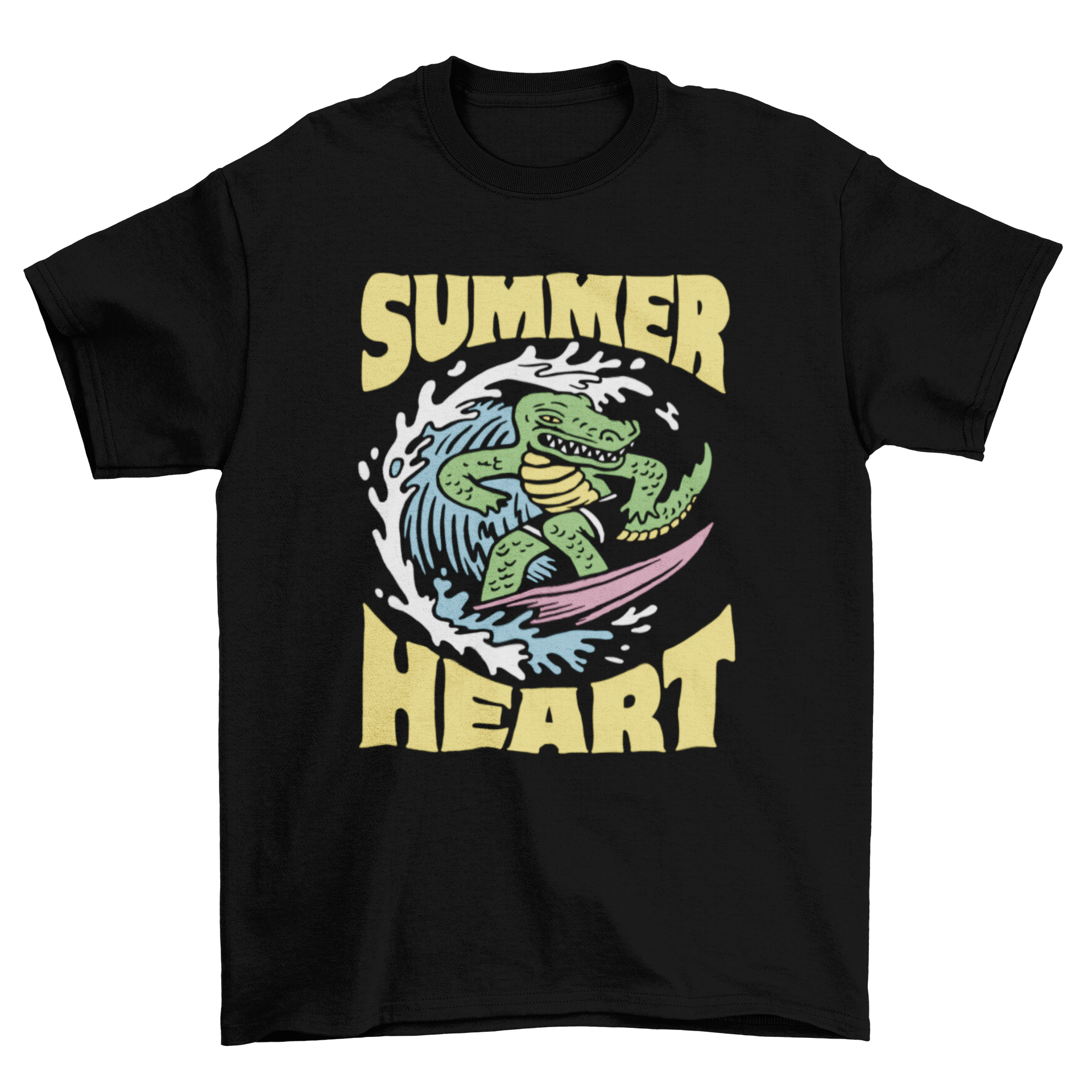 A colorful t-shirt featuring a surfing crocodile graphic and the quote 'Summer heart', perfect for summer wear.