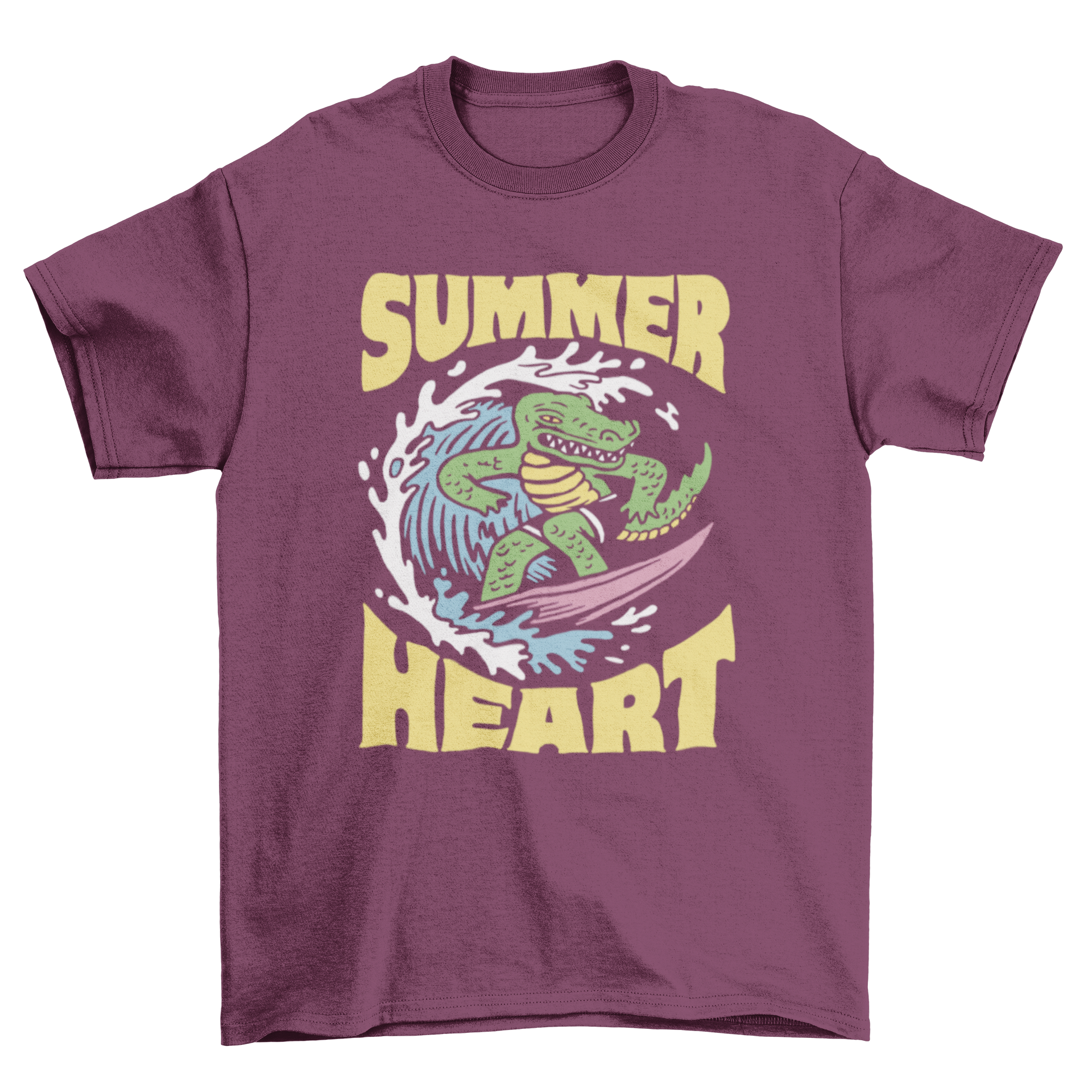 A colorful t-shirt featuring a surfing crocodile graphic and the quote 'Summer heart', perfect for summer wear.