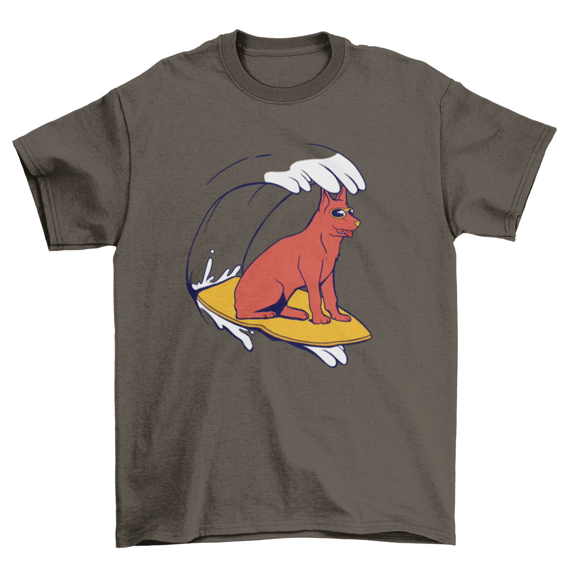 A colorful T-shirt featuring a cartoon dog surfing on a wave, showcasing a fun and adventurous design.