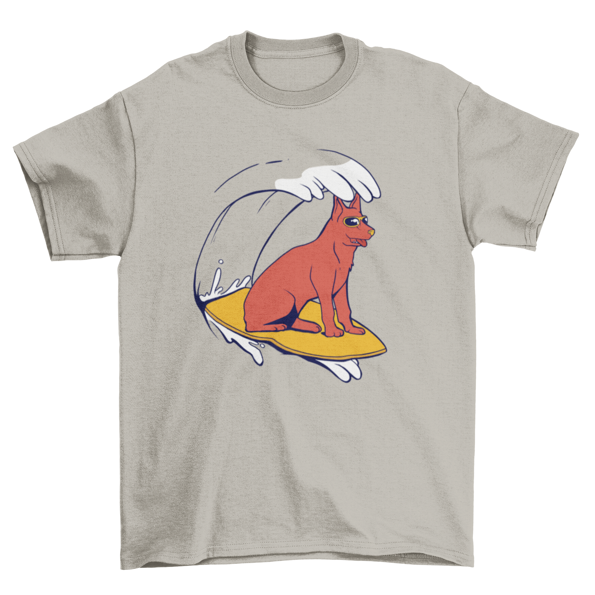 A colorful T-shirt featuring a cartoon dog surfing on a wave, showcasing a fun and adventurous design.