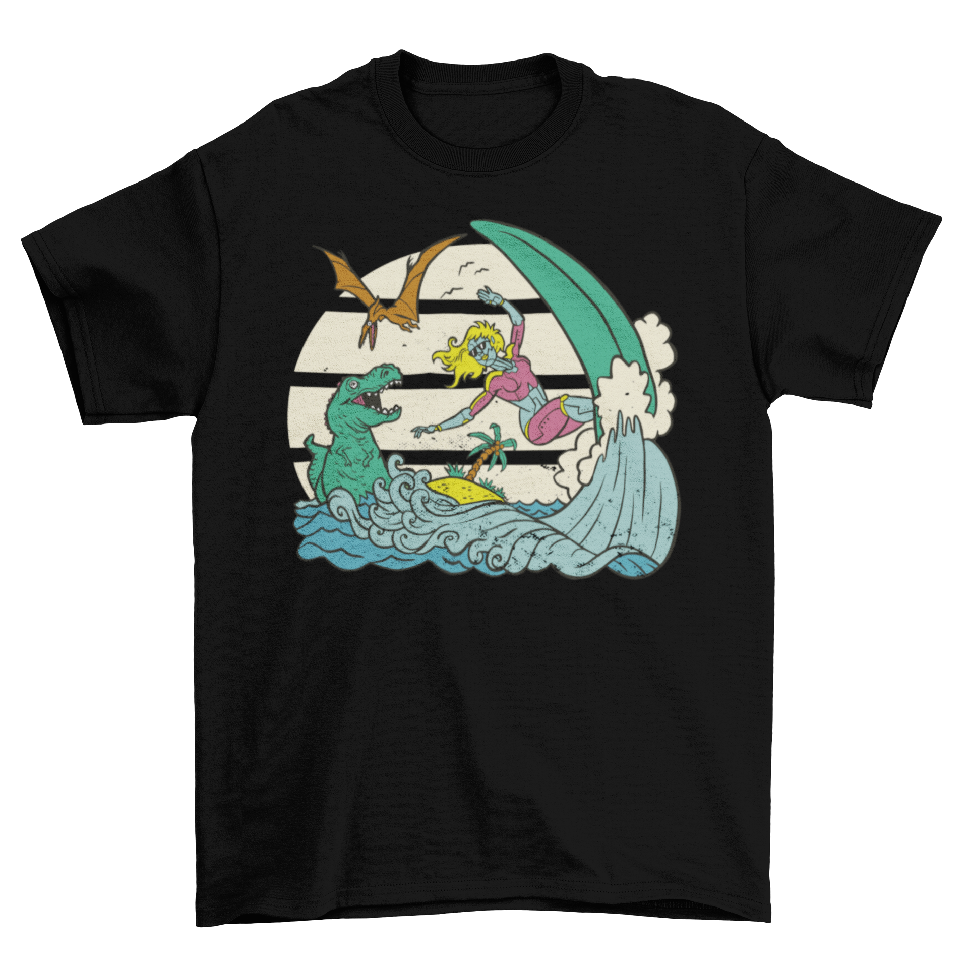 A colorful t-shirt featuring a surfing robot riding waves alongside playful dinosaurs, perfect for casual wear.