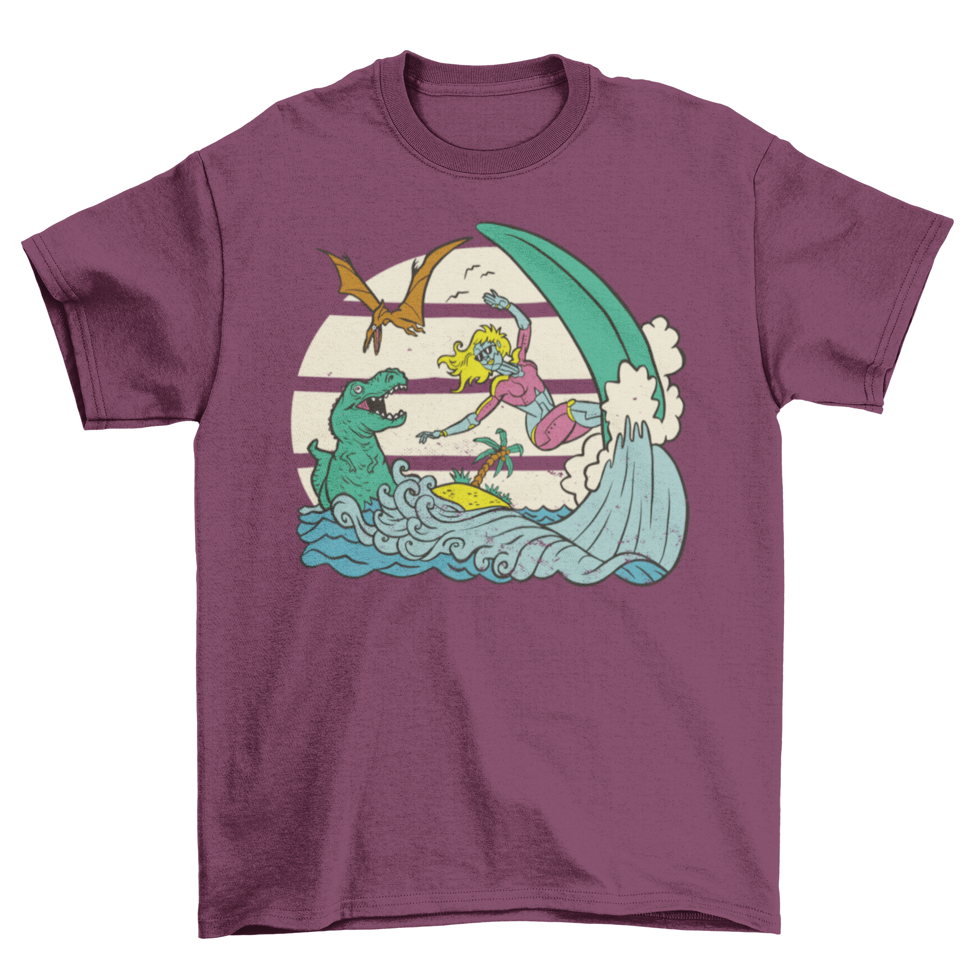 A colorful t-shirt featuring a surfing robot riding waves alongside playful dinosaurs, perfect for casual wear.