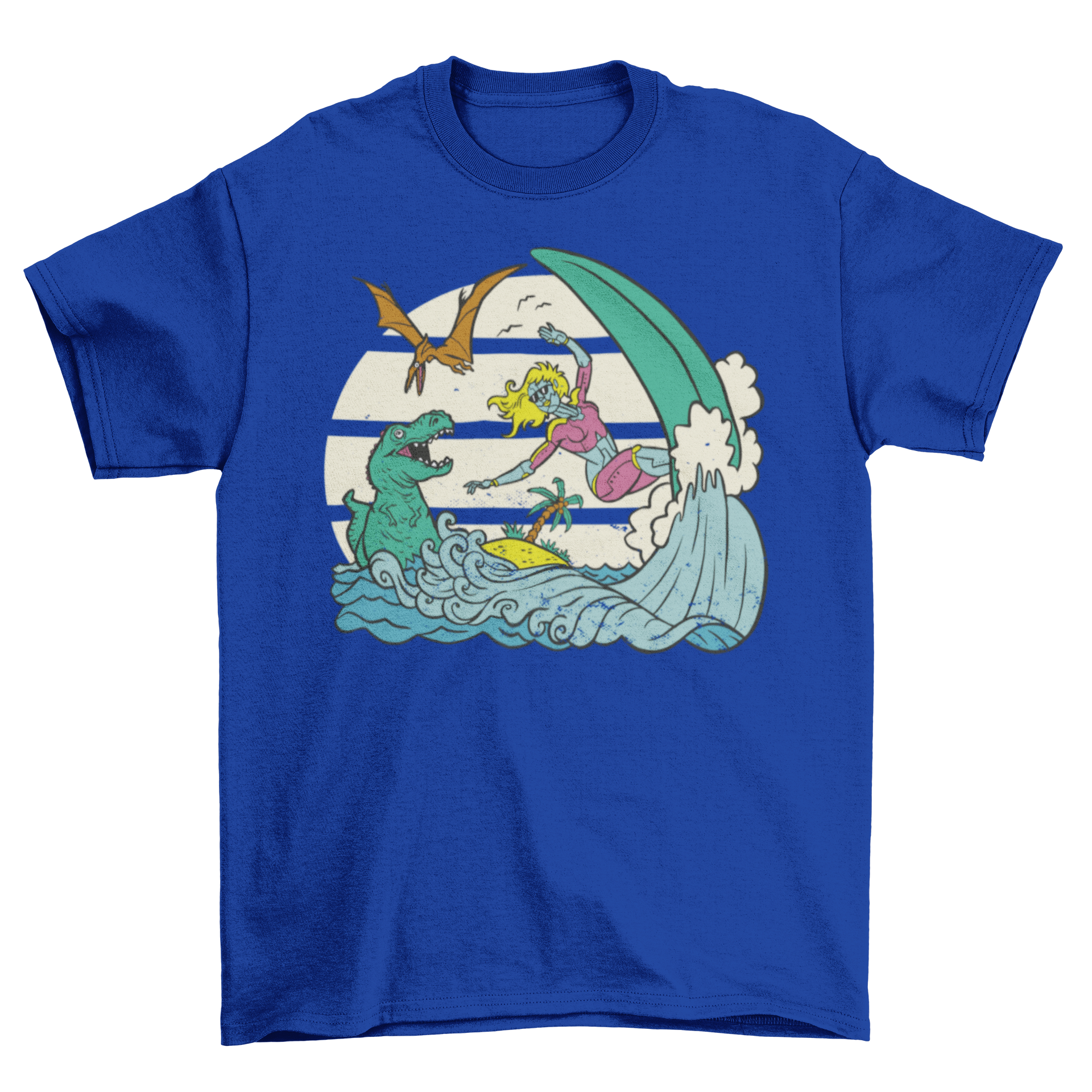 A colorful t-shirt featuring a surfing robot riding waves alongside playful dinosaurs, perfect for casual wear.