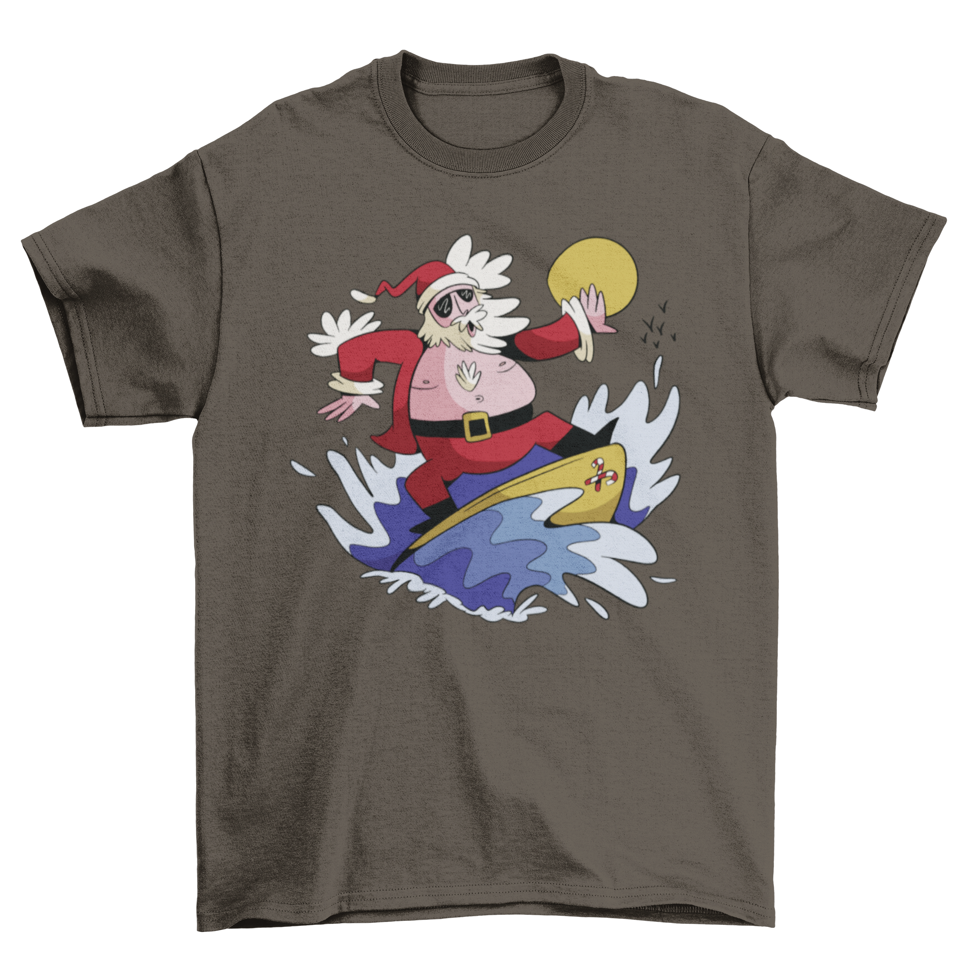 A vibrant Christmas t-shirt featuring Santa Claus surfing on a colorful surfboard, perfect for holiday celebrations.