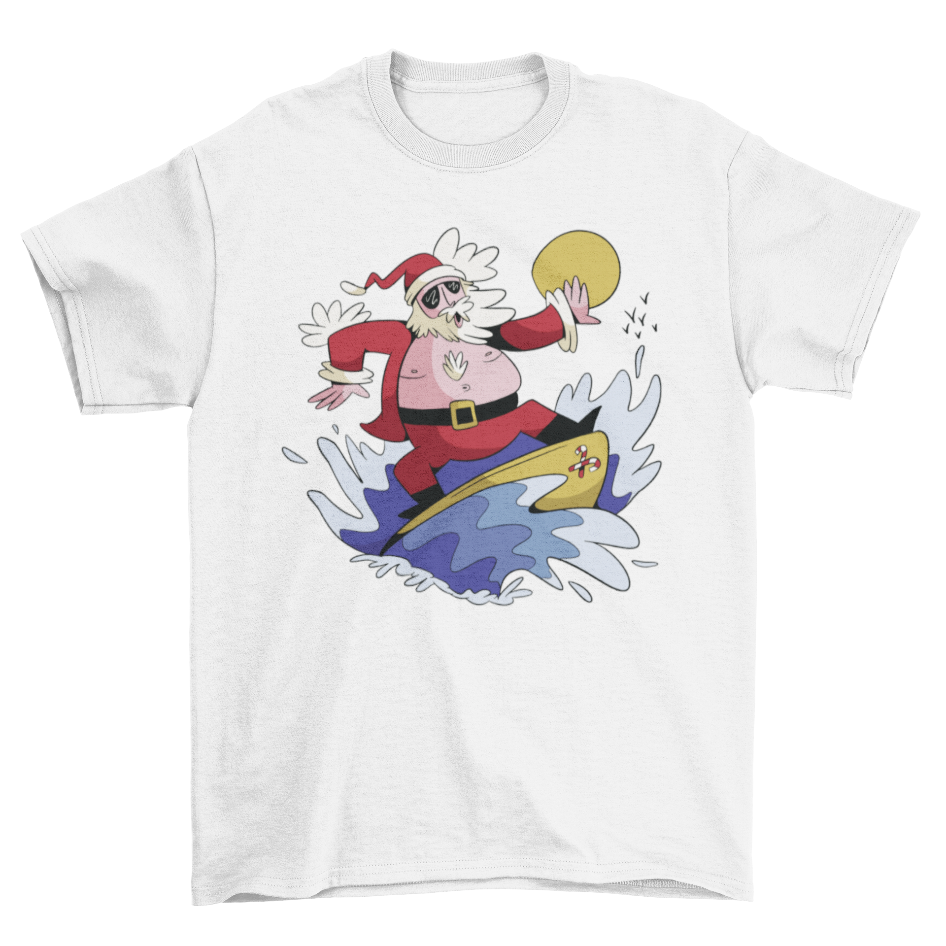 A vibrant Christmas t-shirt featuring Santa Claus surfing on a colorful surfboard, perfect for holiday celebrations.