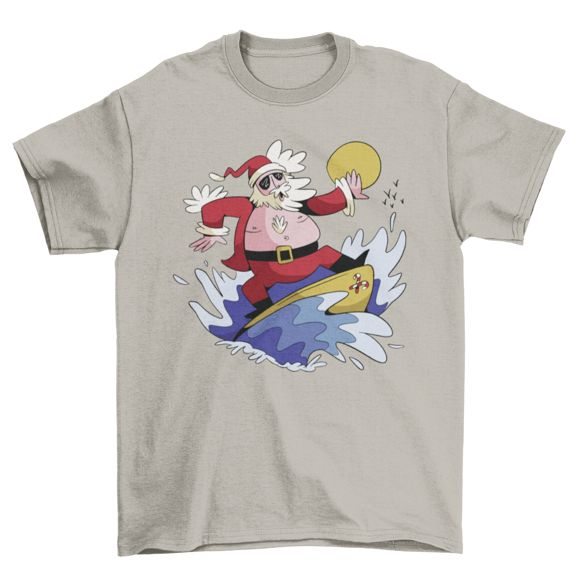 A vibrant Christmas t-shirt featuring Santa Claus surfing on a colorful surfboard, perfect for holiday celebrations.