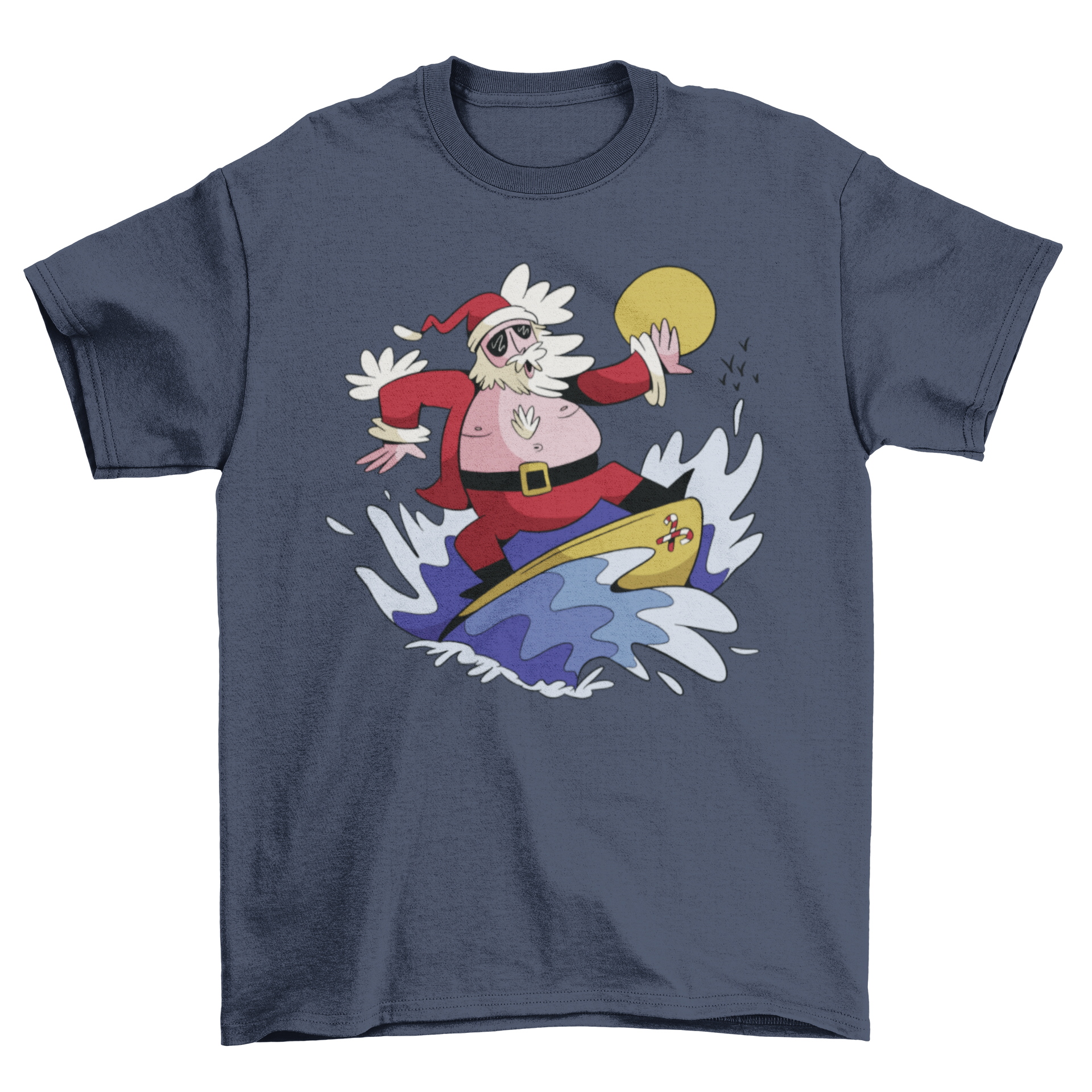 A vibrant Christmas t-shirt featuring Santa Claus surfing on a colorful surfboard, perfect for holiday celebrations.