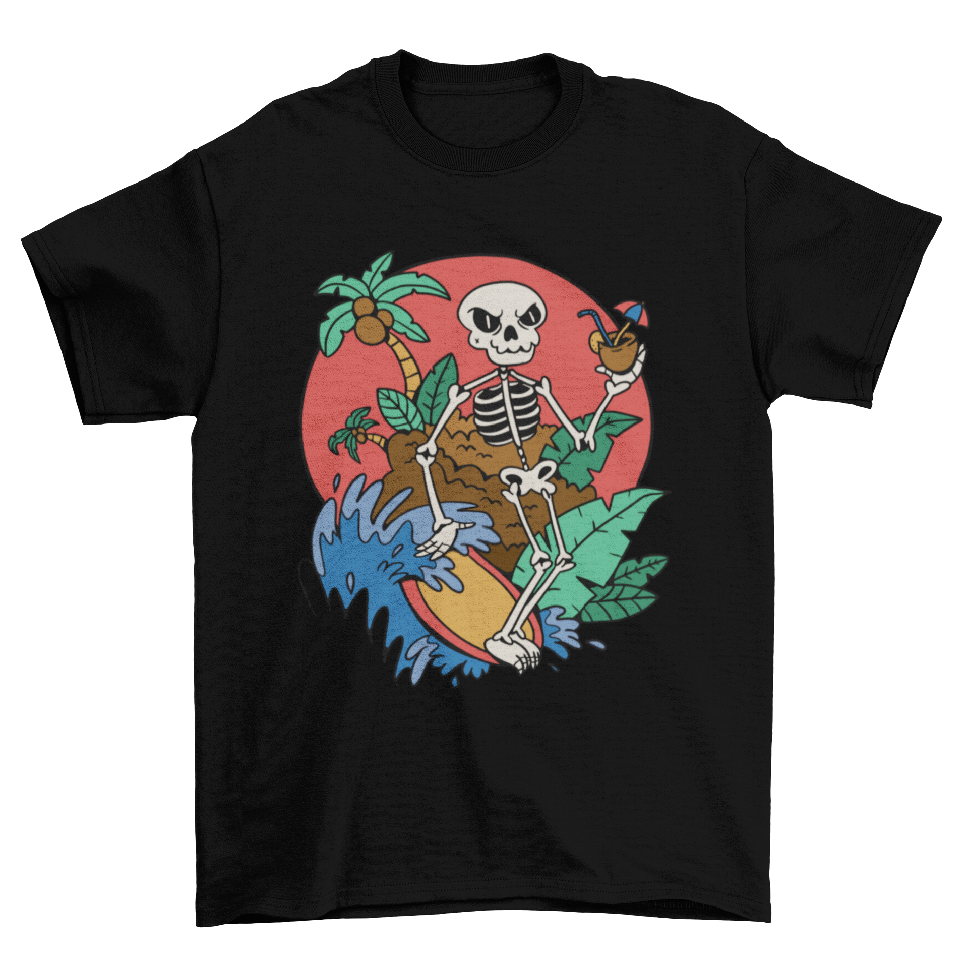 A vibrant t-shirt featuring a skeleton surfing on a wave, showcasing a unique and playful design.