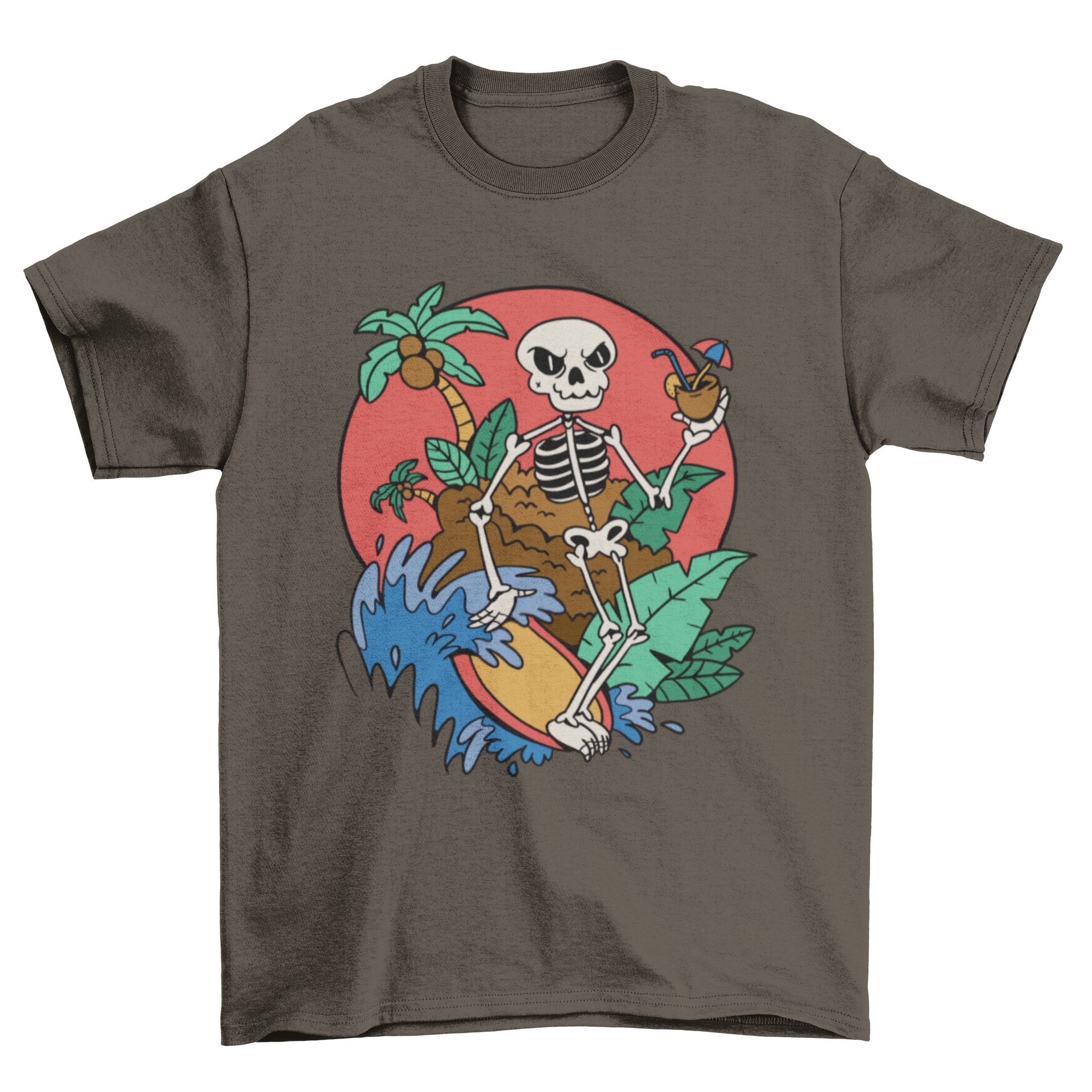 A vibrant t-shirt featuring a skeleton surfing on a wave, showcasing a unique and playful design.