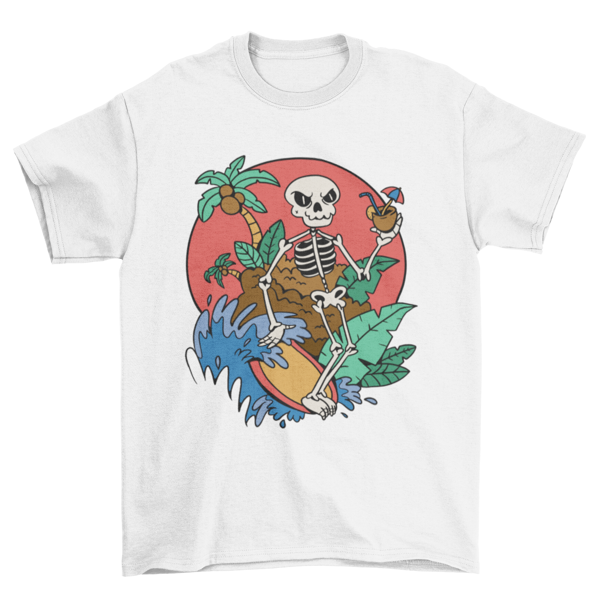 A vibrant t-shirt featuring a skeleton surfing on a wave, showcasing a unique and playful design.