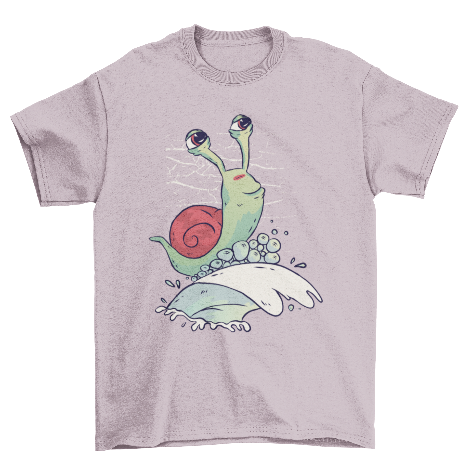 Cartoon snail on lavender shirt.