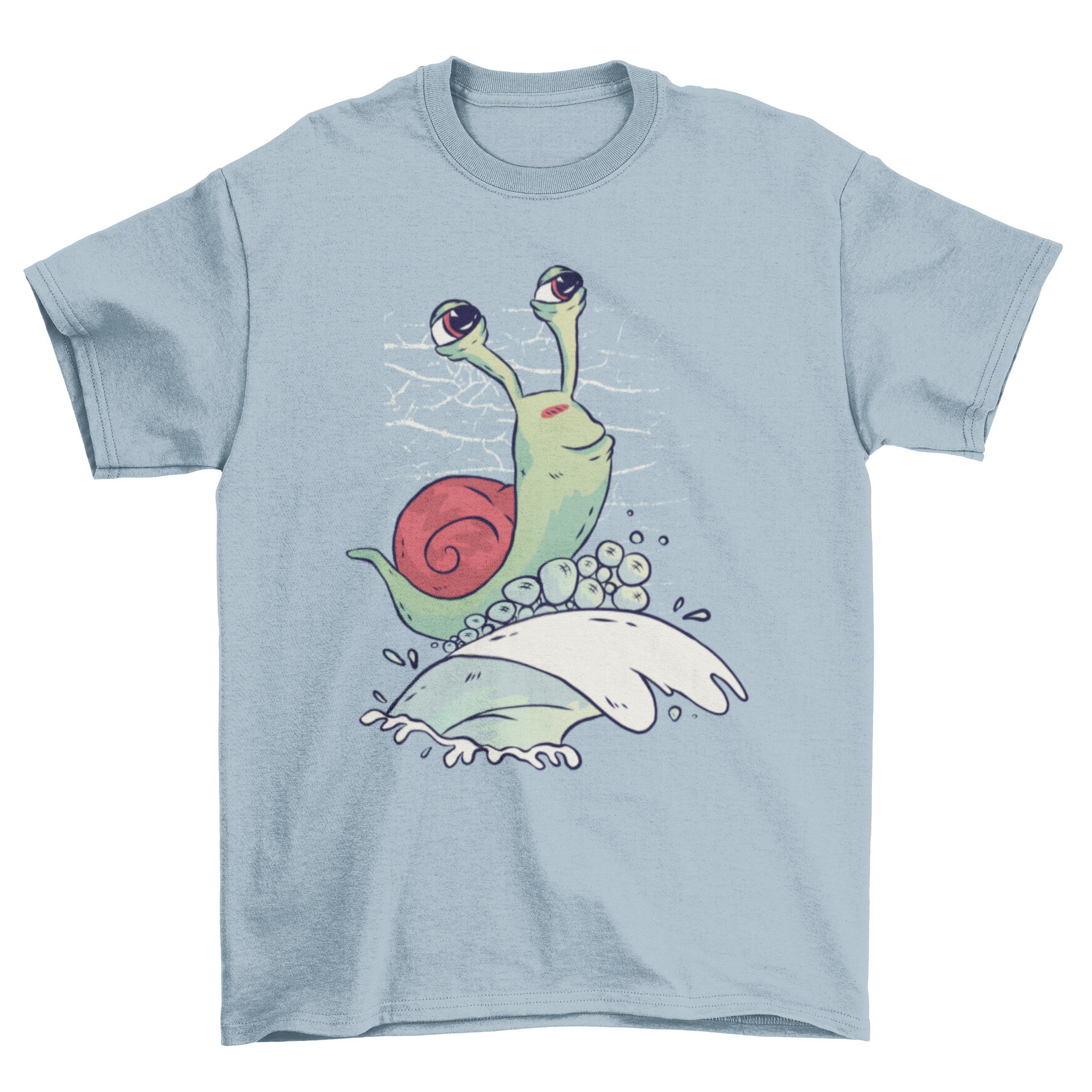 Cartoon snail on blue shirt.