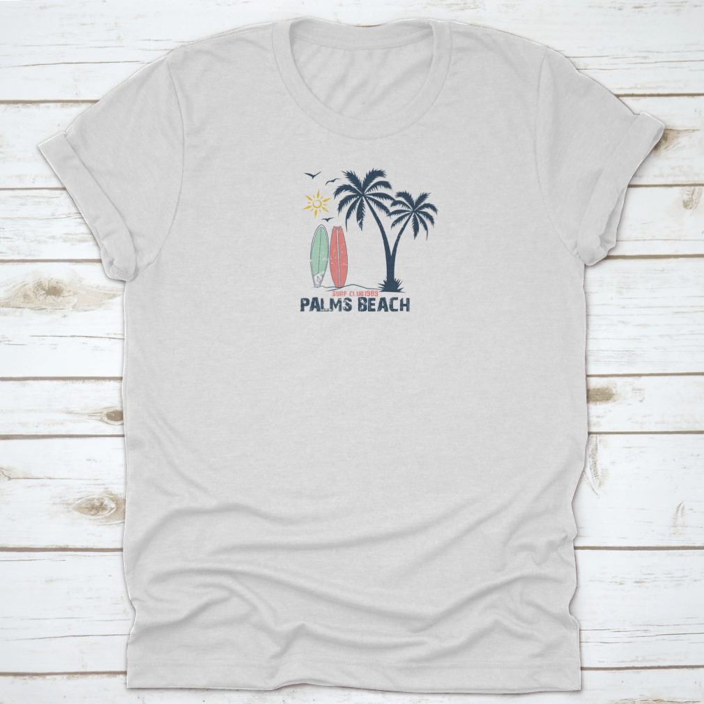 Surfing Summer Theme Surf Club 1989 t-shirt featuring a vibrant beach view illustration, made from 100% cotton for comfort.