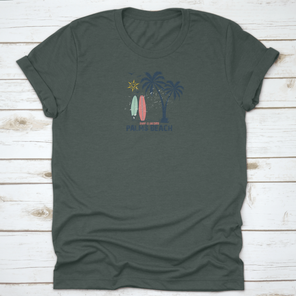 Surfing Summer Theme Surf Club 1989 t-shirt featuring a vibrant beach view illustration, made from 100% cotton for comfort.