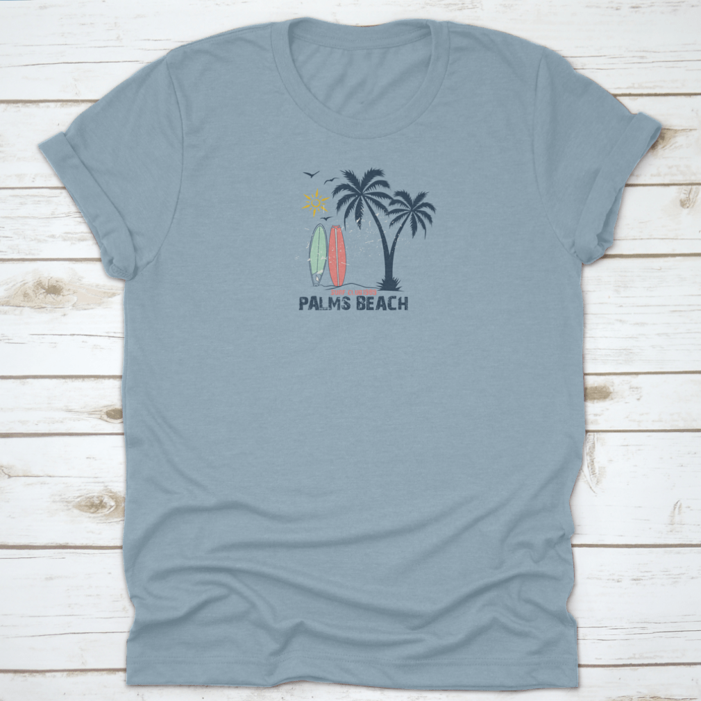 Surfing Summer Theme Surf Club 1989 t-shirt featuring a vibrant beach view illustration, made from 100% cotton for comfort.