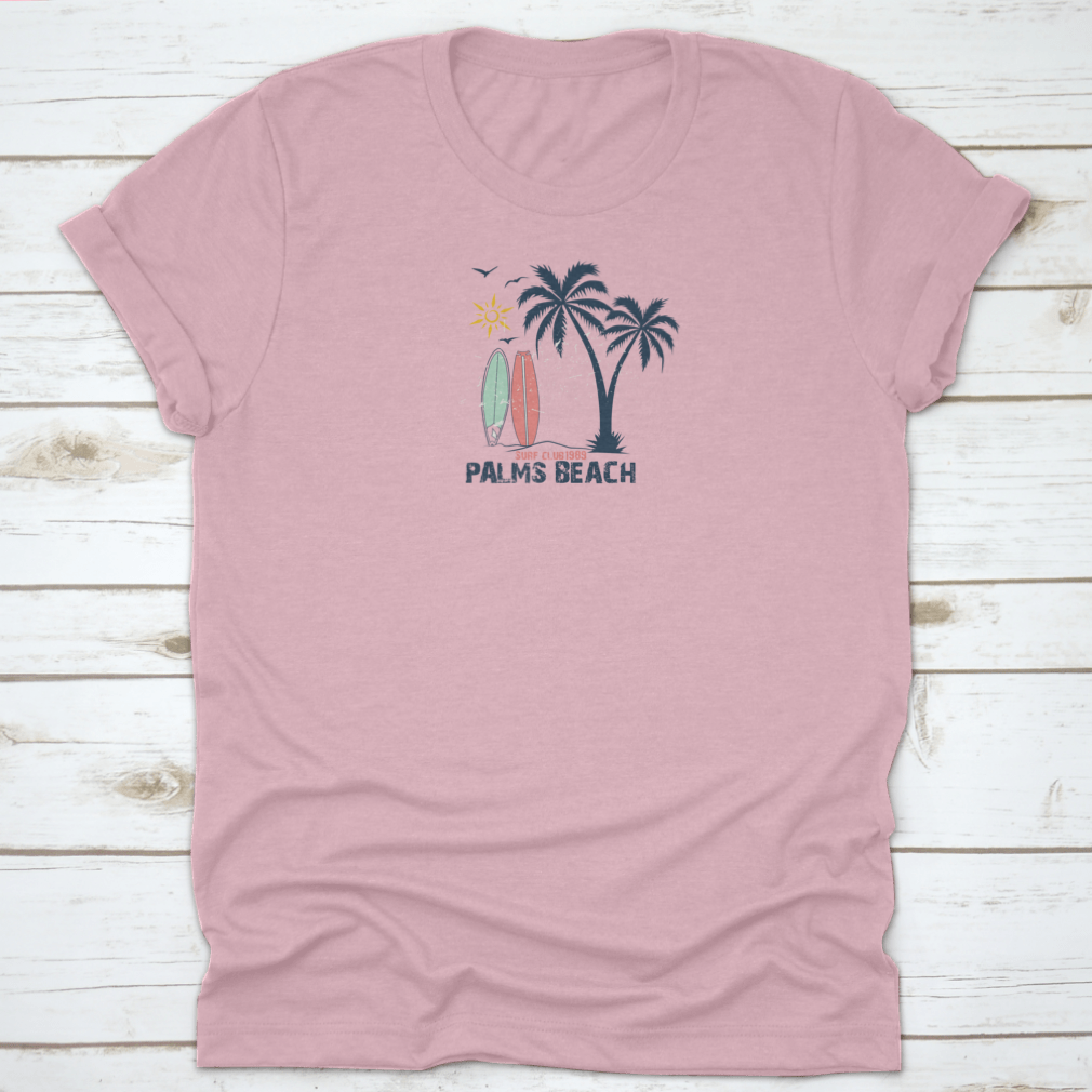 Surfing Summer Theme Surf Club 1989 t-shirt featuring a vibrant beach view illustration, made from 100% cotton for comfort.