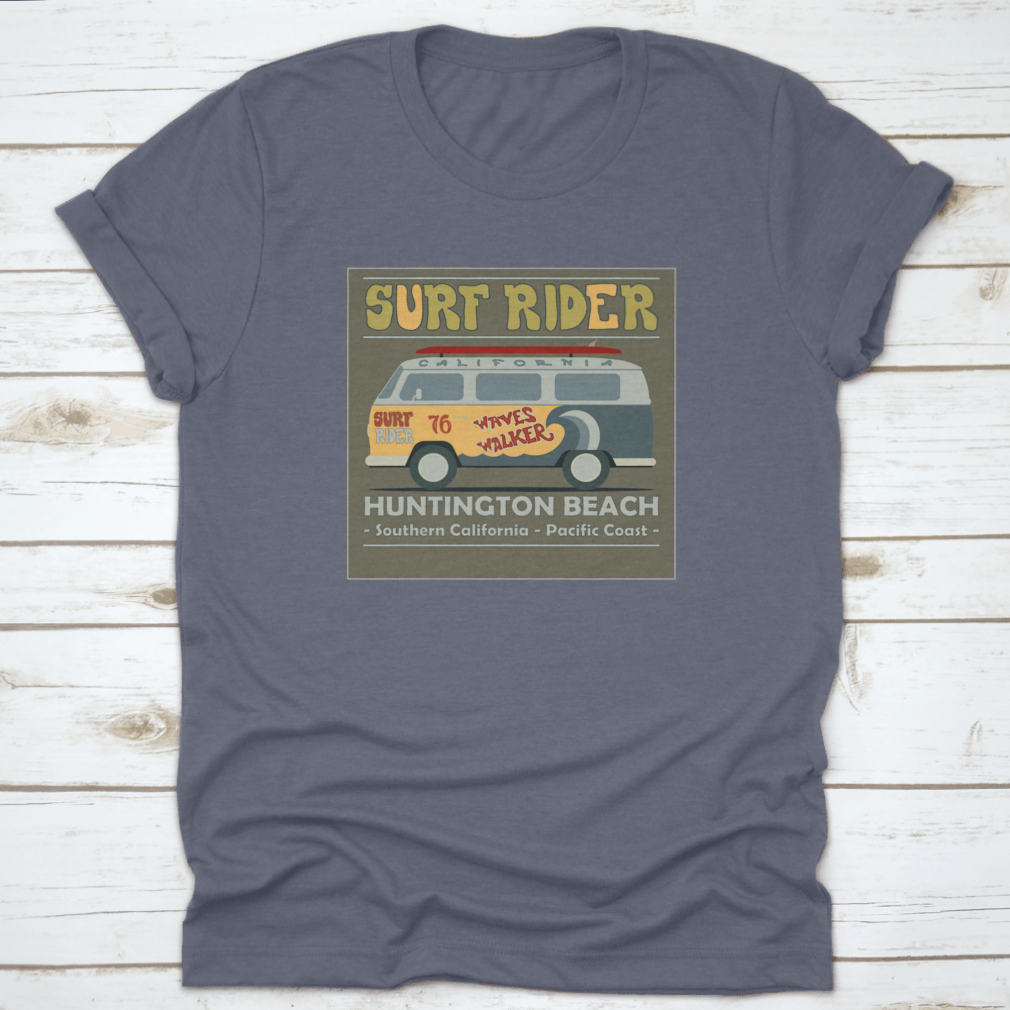 Vintage Retro Surf Bus graphic design on a comfortable cotton t-shirt, perfect for surf enthusiasts.