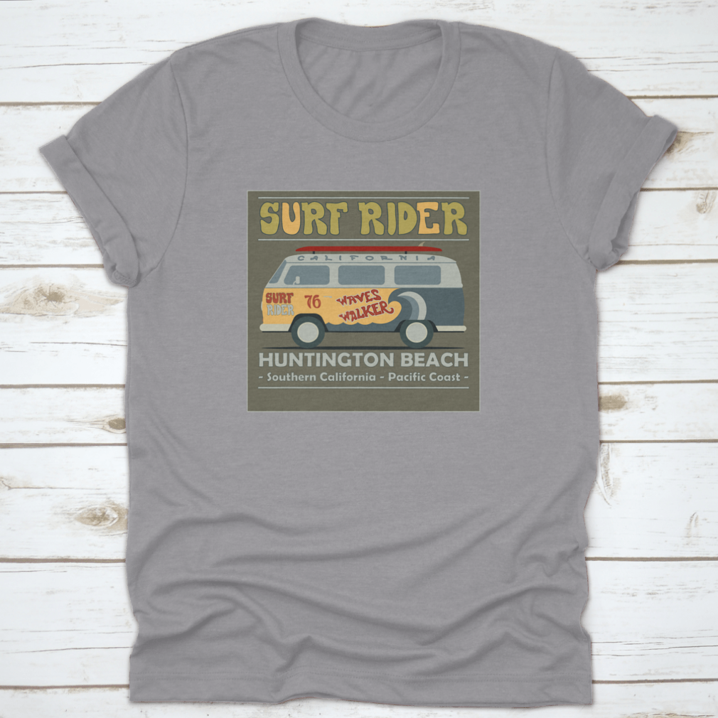 Vintage Retro Surf Bus graphic design on a comfortable cotton t-shirt, perfect for surf enthusiasts.