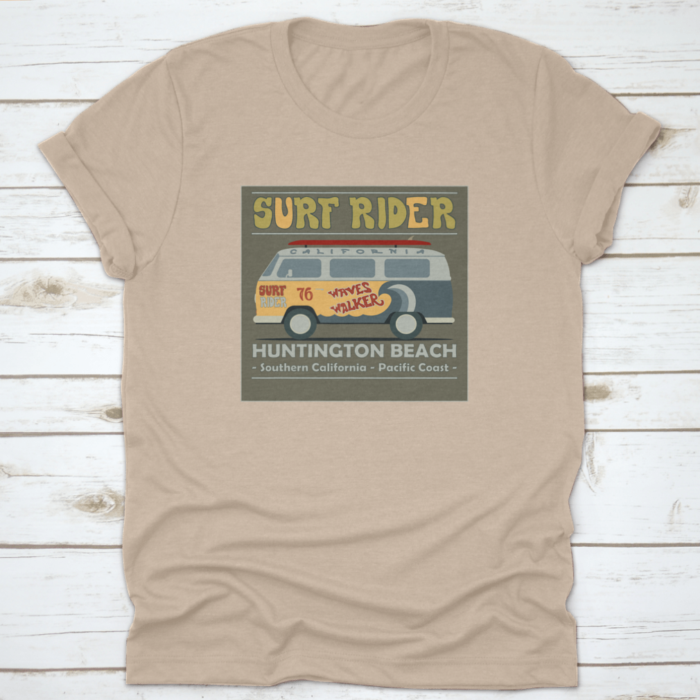 Vintage Retro Surf Bus graphic design on a comfortable cotton t-shirt, perfect for surf enthusiasts.