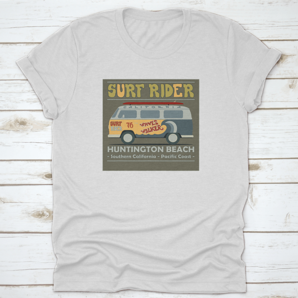 Vintage Retro Surf Bus graphic design on a comfortable cotton t-shirt, perfect for surf enthusiasts.