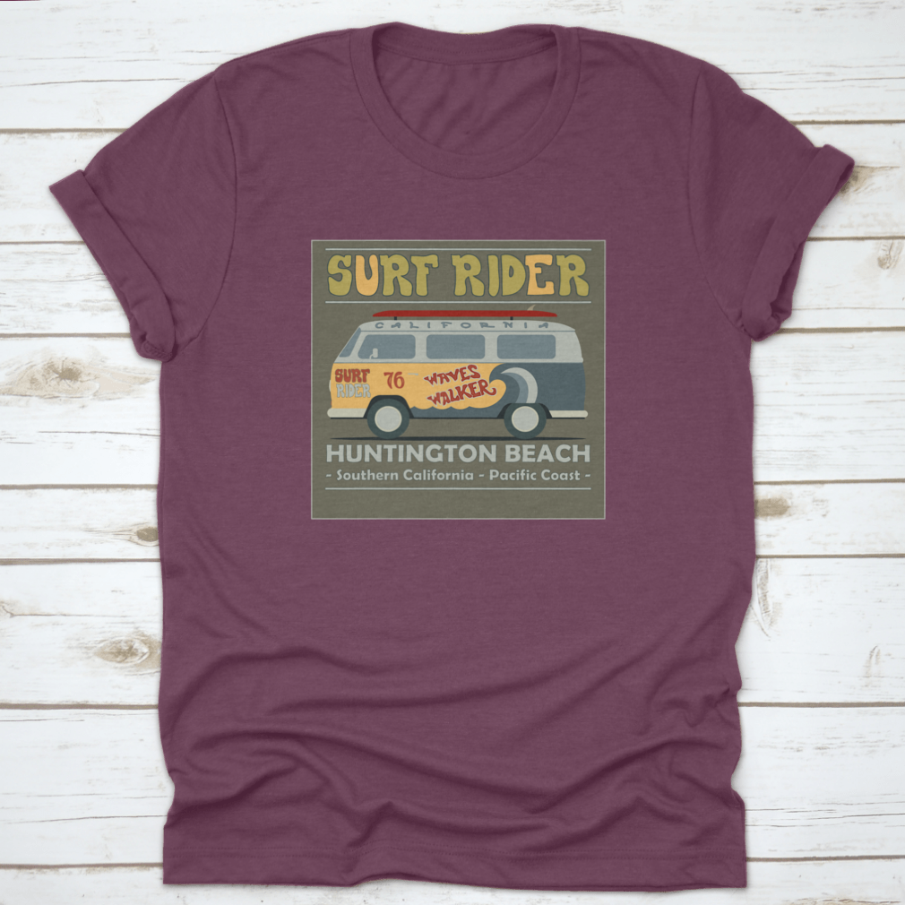 Vintage Retro Surf Bus graphic design on a comfortable cotton t-shirt, perfect for surf enthusiasts.