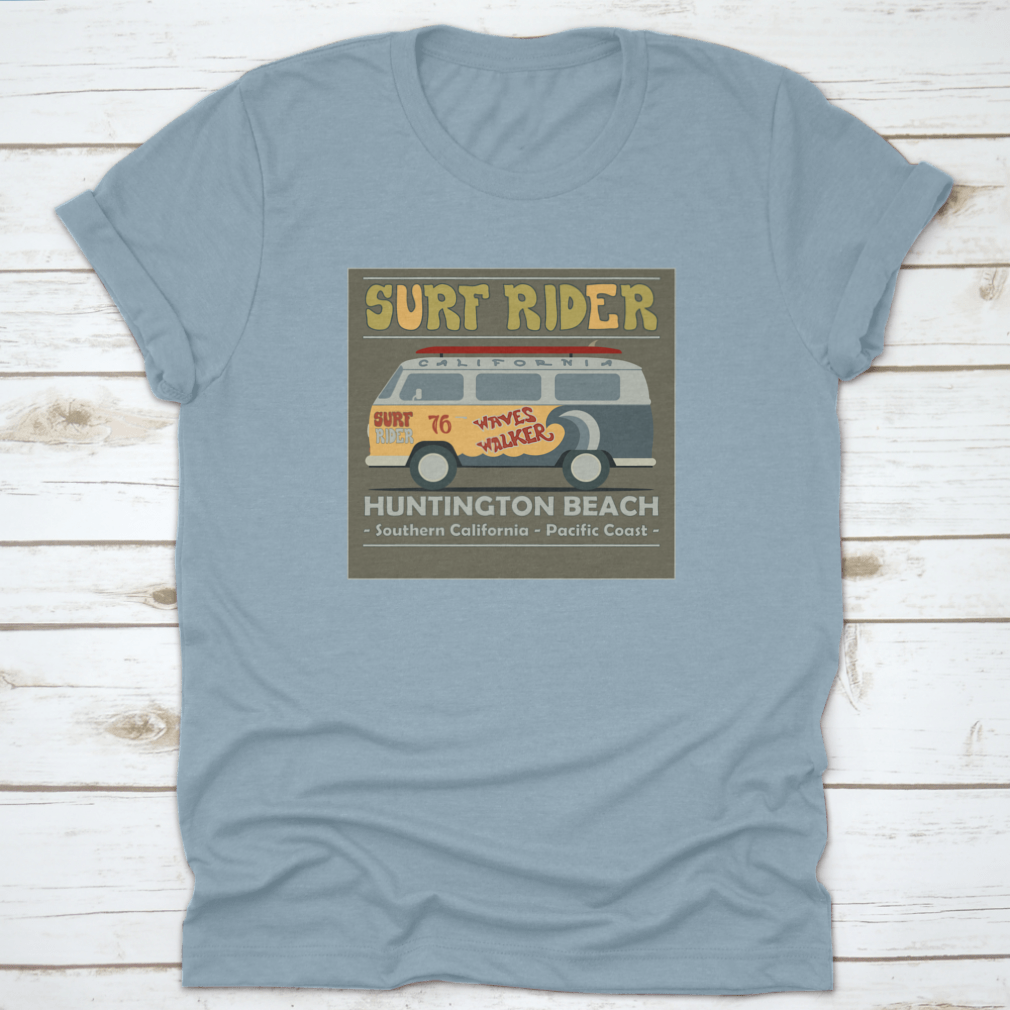 Vintage Retro Surf Bus graphic design on a comfortable cotton t-shirt, perfect for surf enthusiasts.