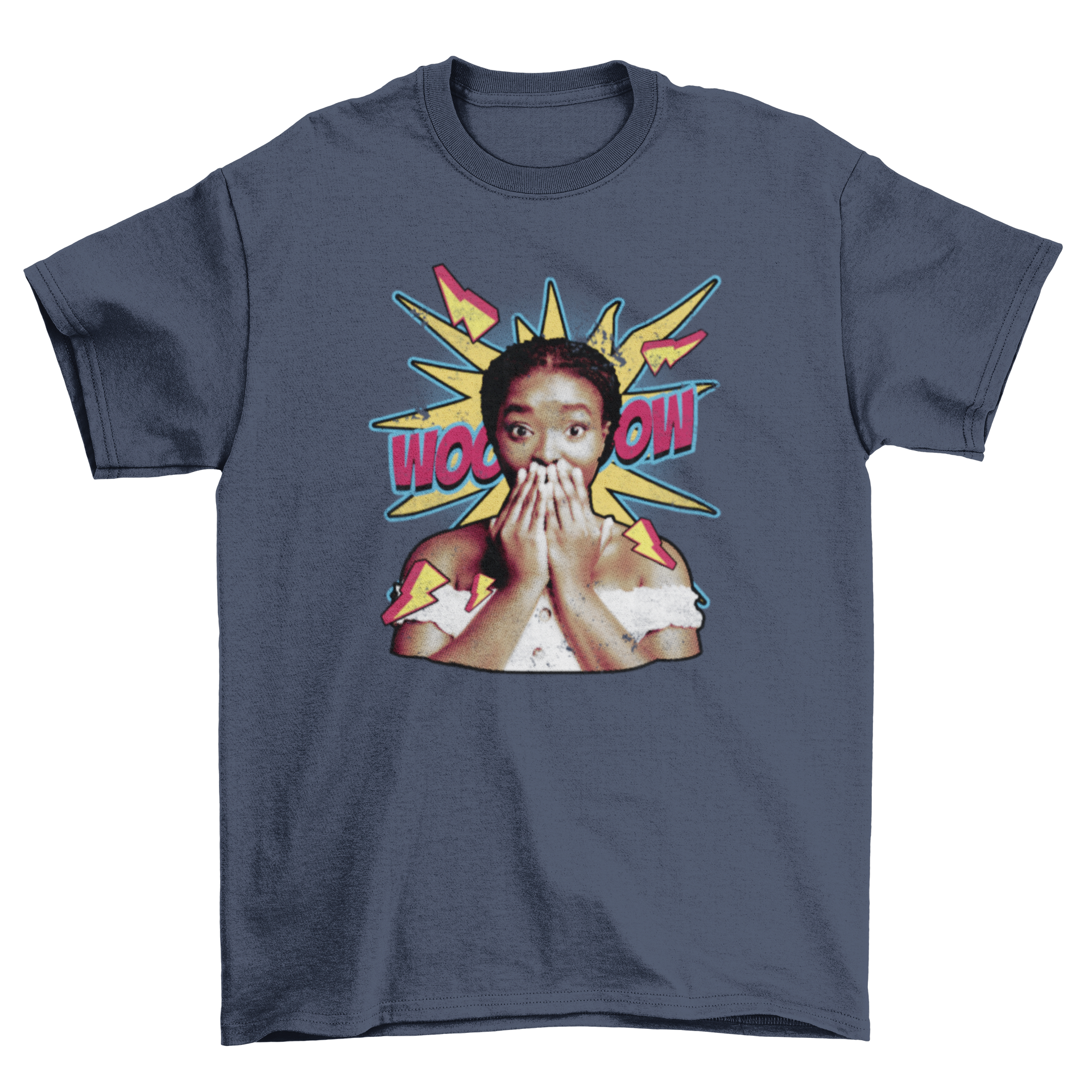 Surprised black woman comic t-shirt featuring vibrant colors and a comic book background.