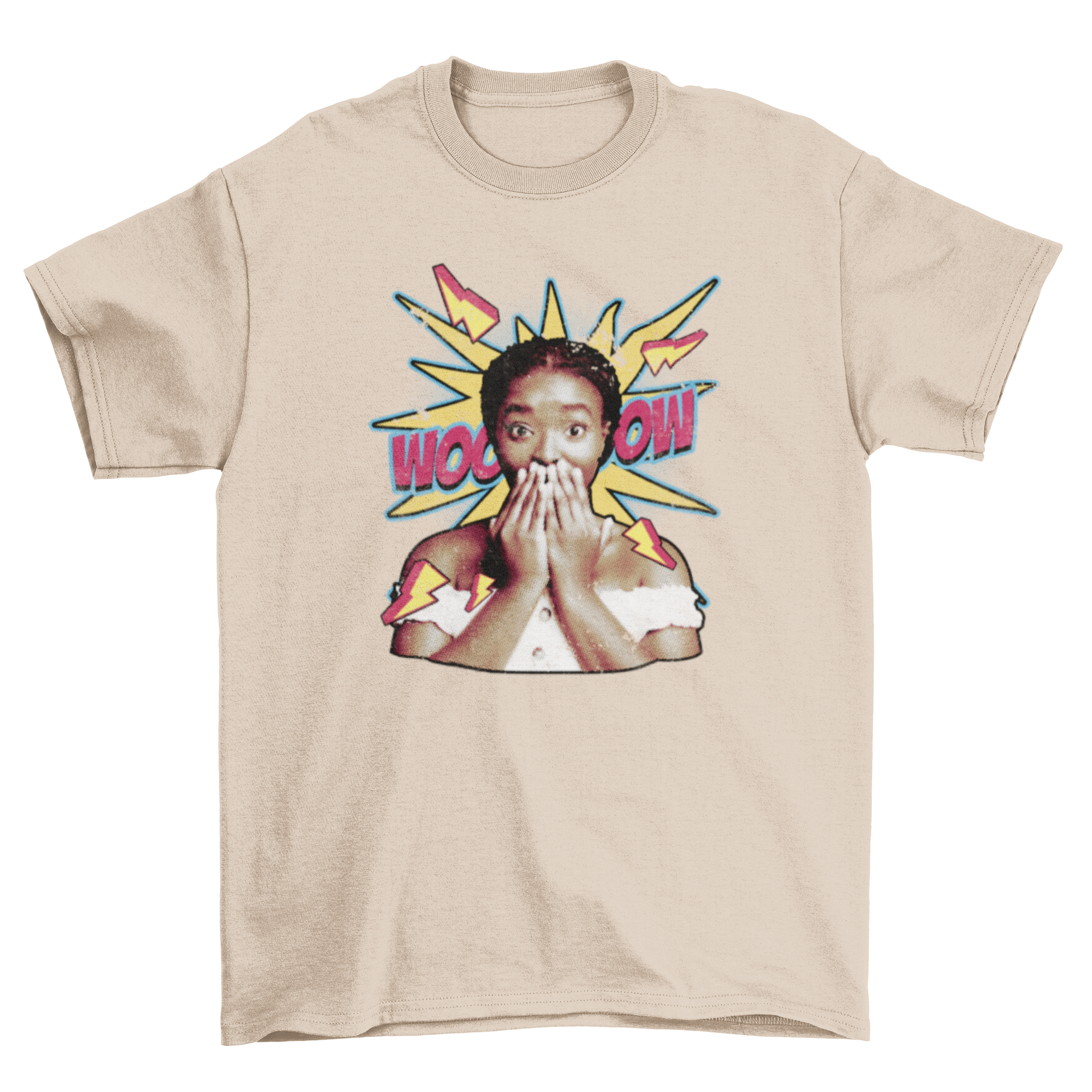 Surprised black woman comic t-shirt featuring vibrant colors and a comic book background.