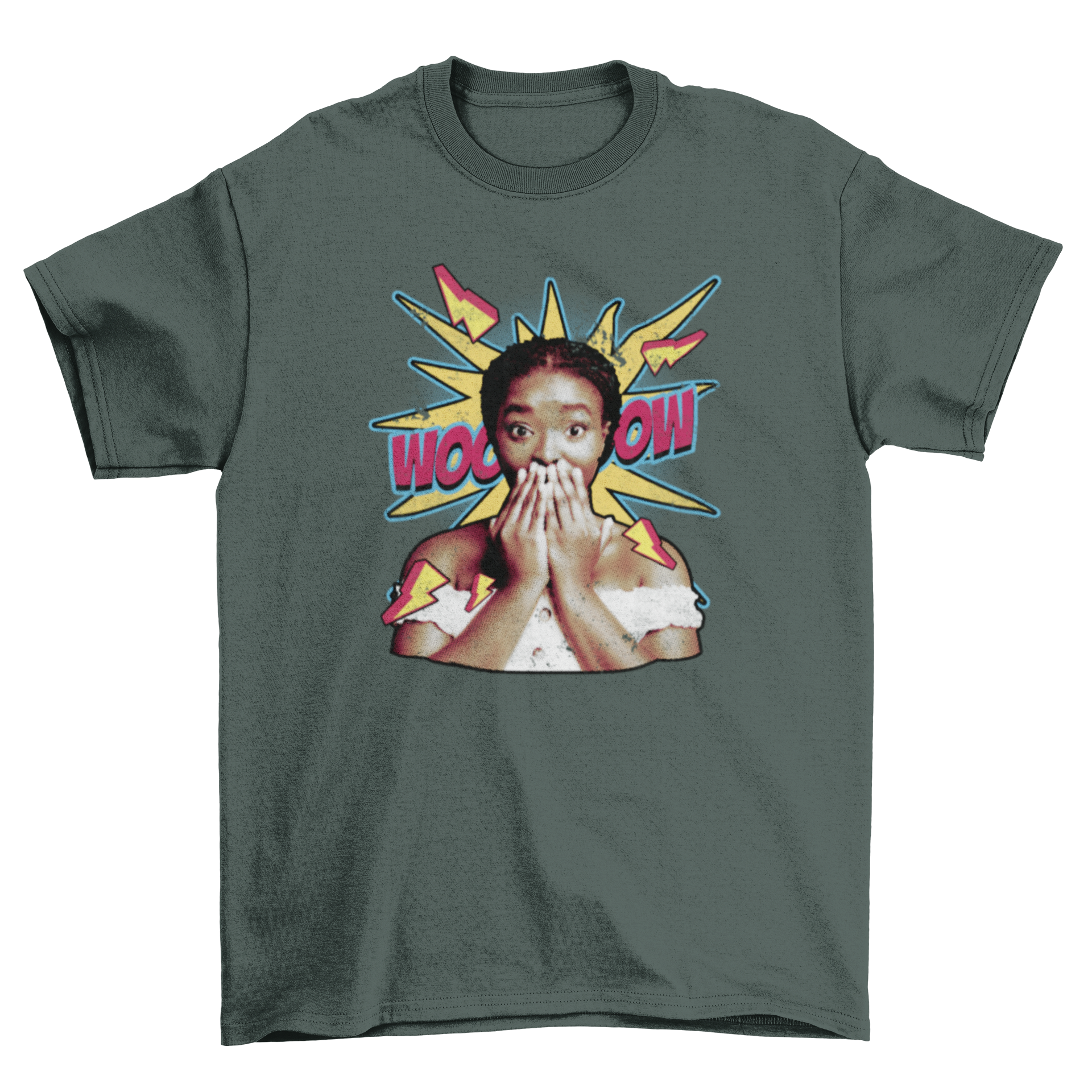 Surprised black woman comic t-shirt featuring vibrant colors and a comic book background.