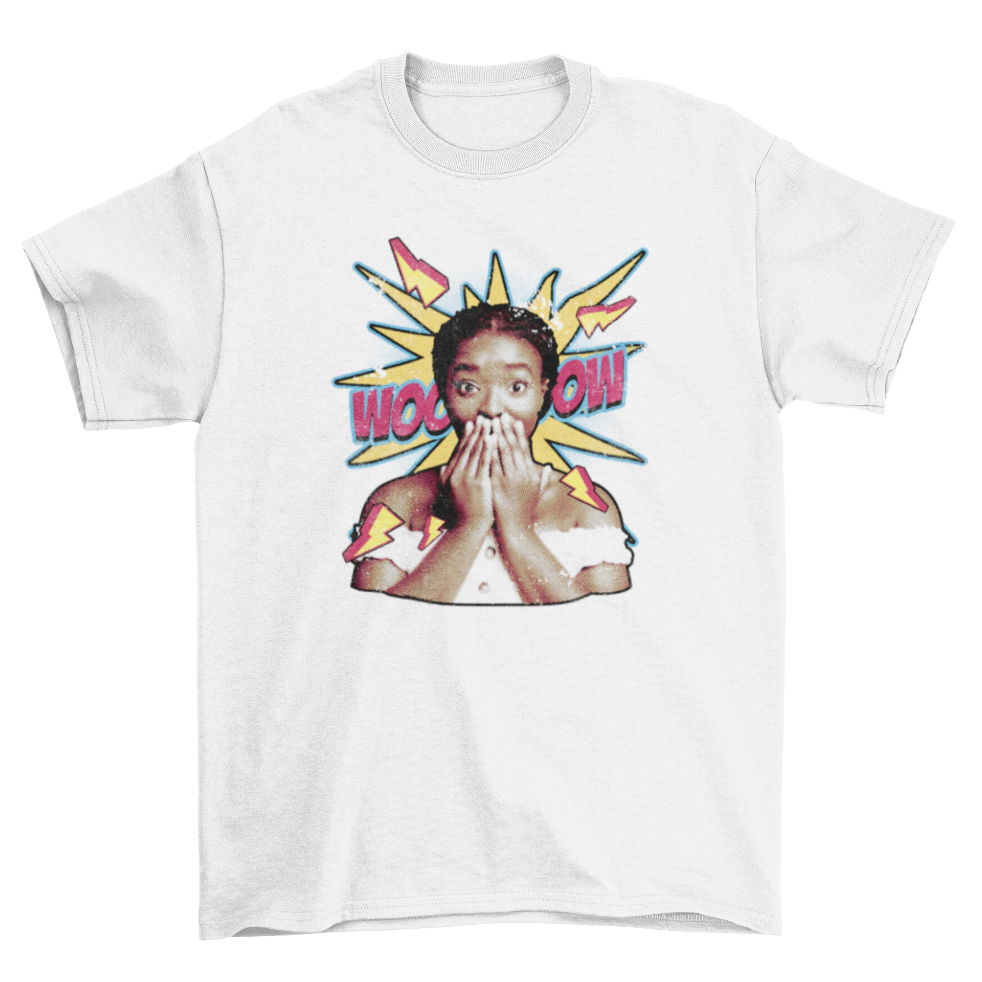 Surprised black woman comic t-shirt featuring vibrant colors and a comic book background.