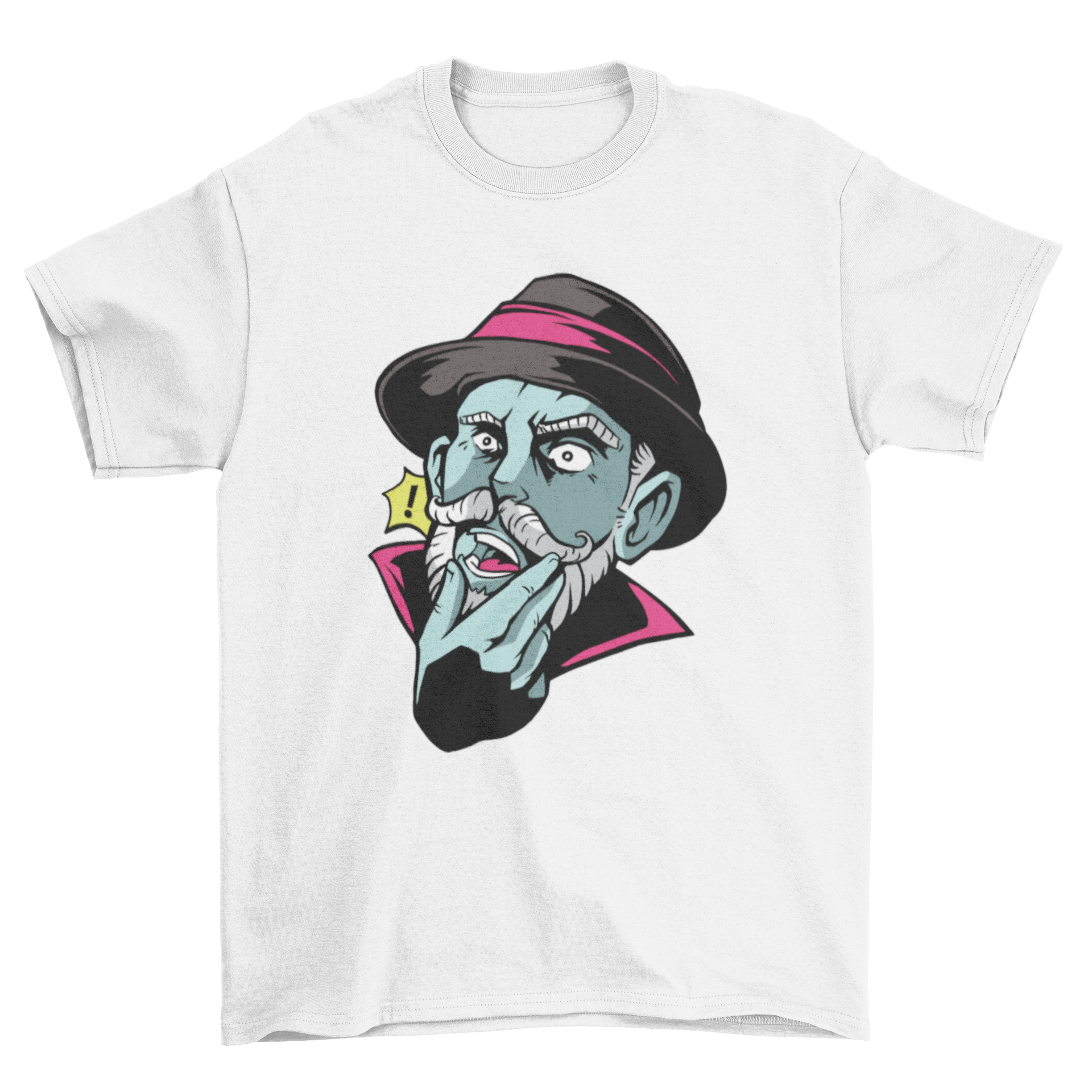 Surprised Man T-shirt Design featuring a shocked man illustration on a comfortable fabric.