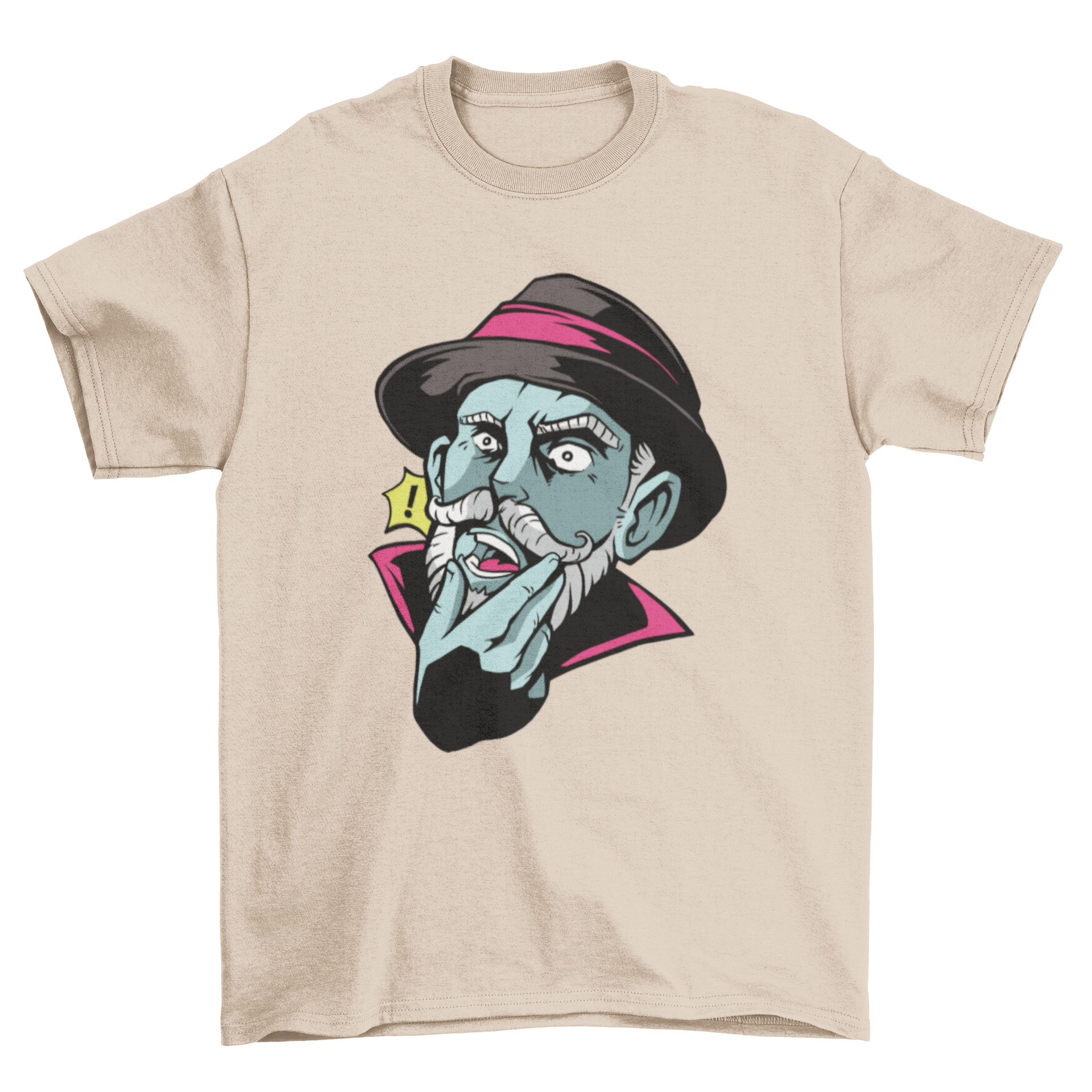 Surprised Man T-shirt Design featuring a shocked man illustration on a comfortable fabric.