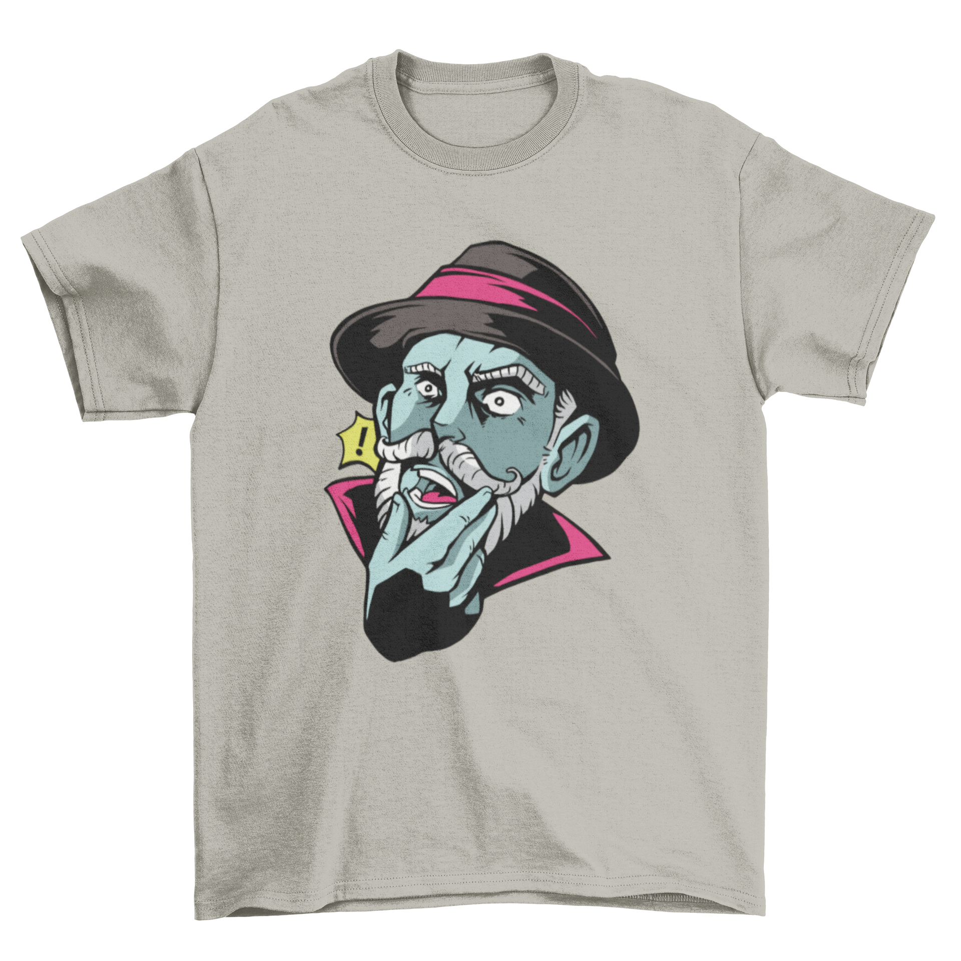 Surprised Man T-shirt Design featuring a shocked man illustration on a comfortable fabric.