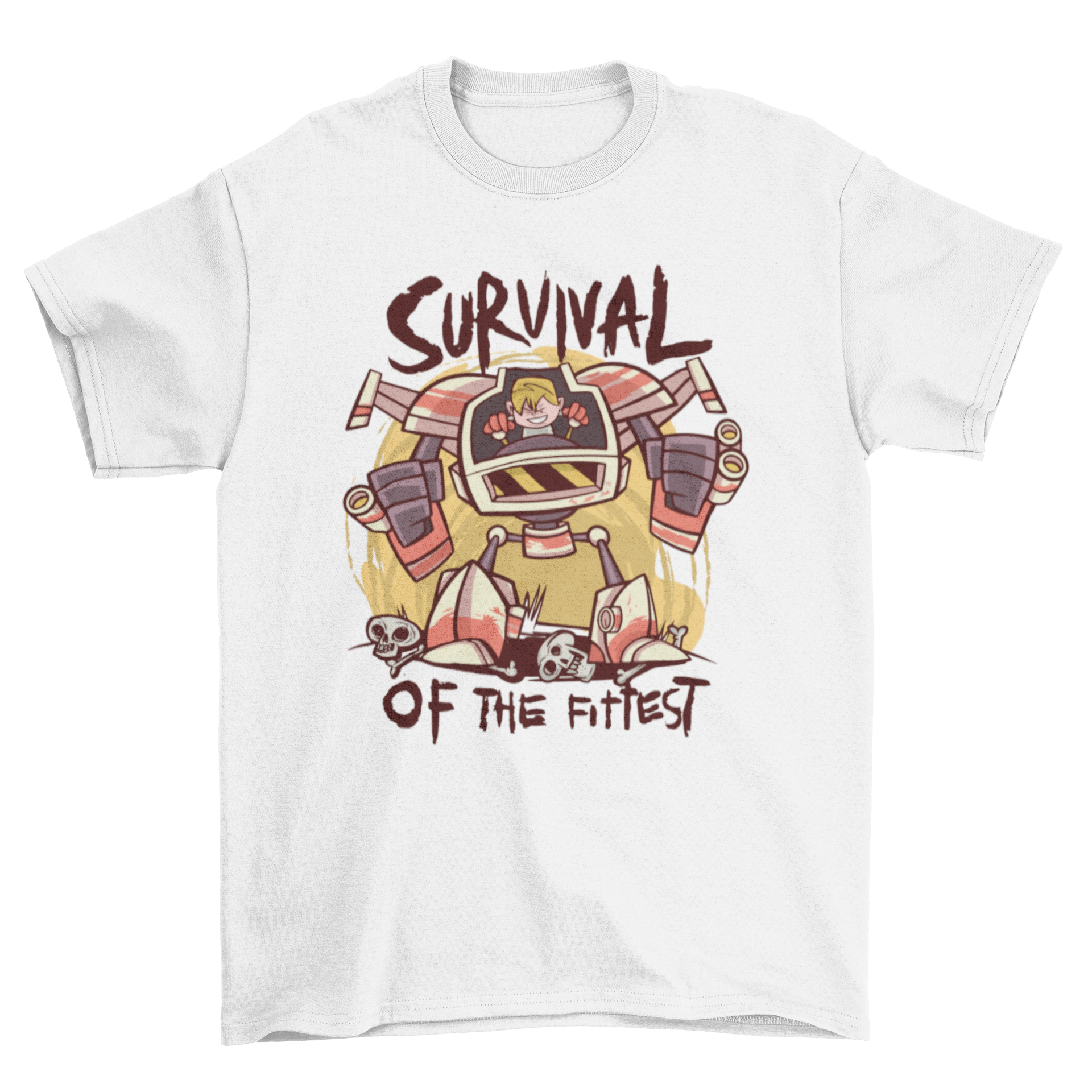 Survival Robot T-Shirt featuring a child in a giant robot stomping on skulls with the quote 'Survival of the fittest'.