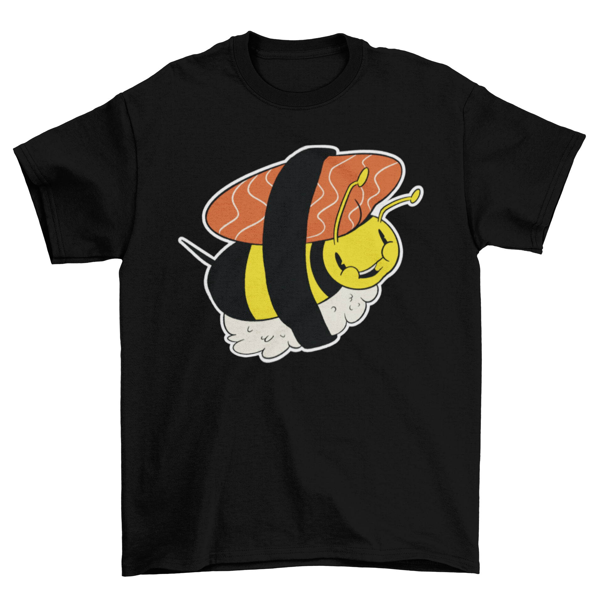 A humorous cartoon t-shirt featuring a bee designed as a sushi roll, showcasing vibrant colors and a playful style.